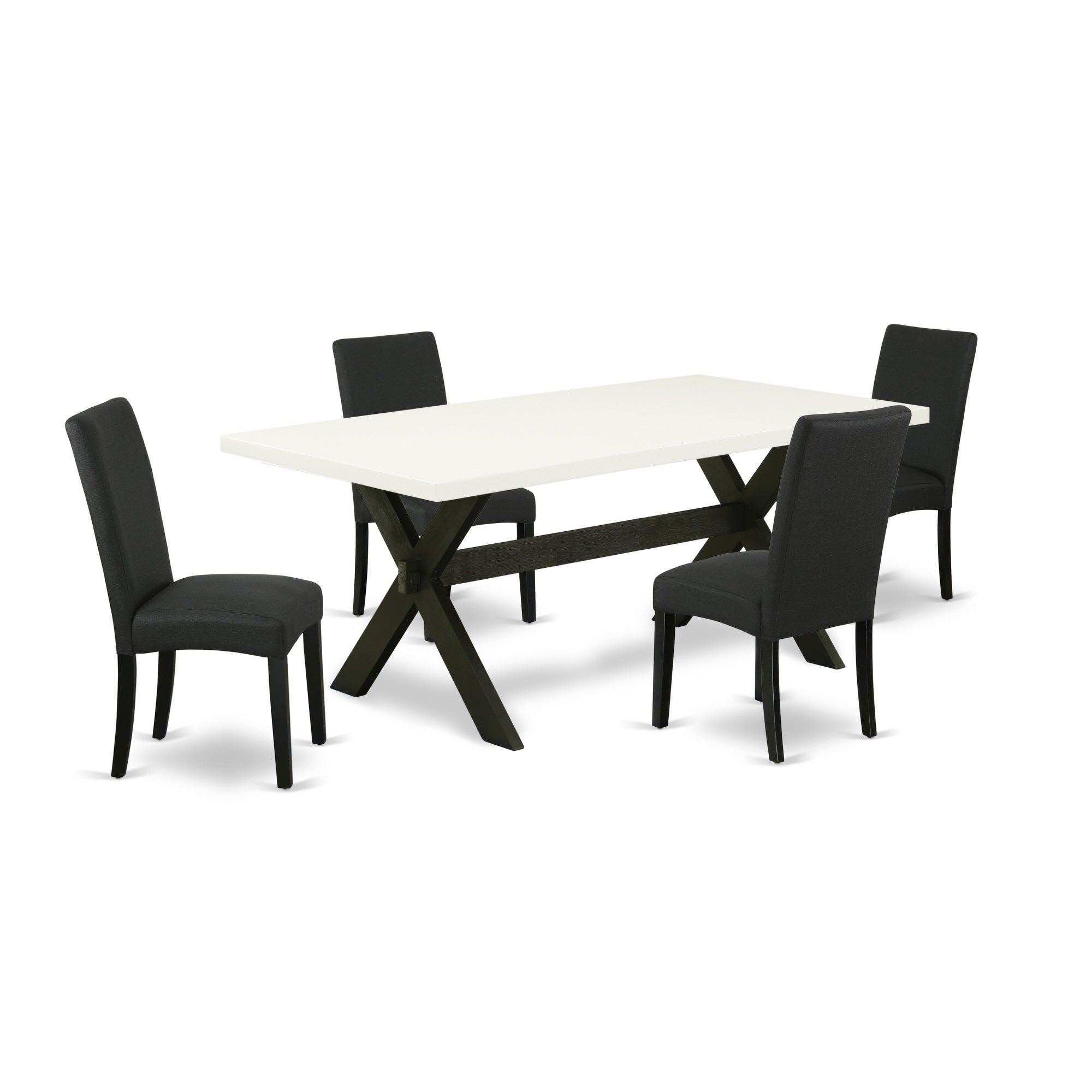 East West Furniture X627Dr124-5 5-Piece Modern Dining Set- 4 Parson Chairs With Black Linen Fabric Seat And Stylish Chair Back - Rectangular Table Top & Wooden Cross Legs - Linen White And Black Finish