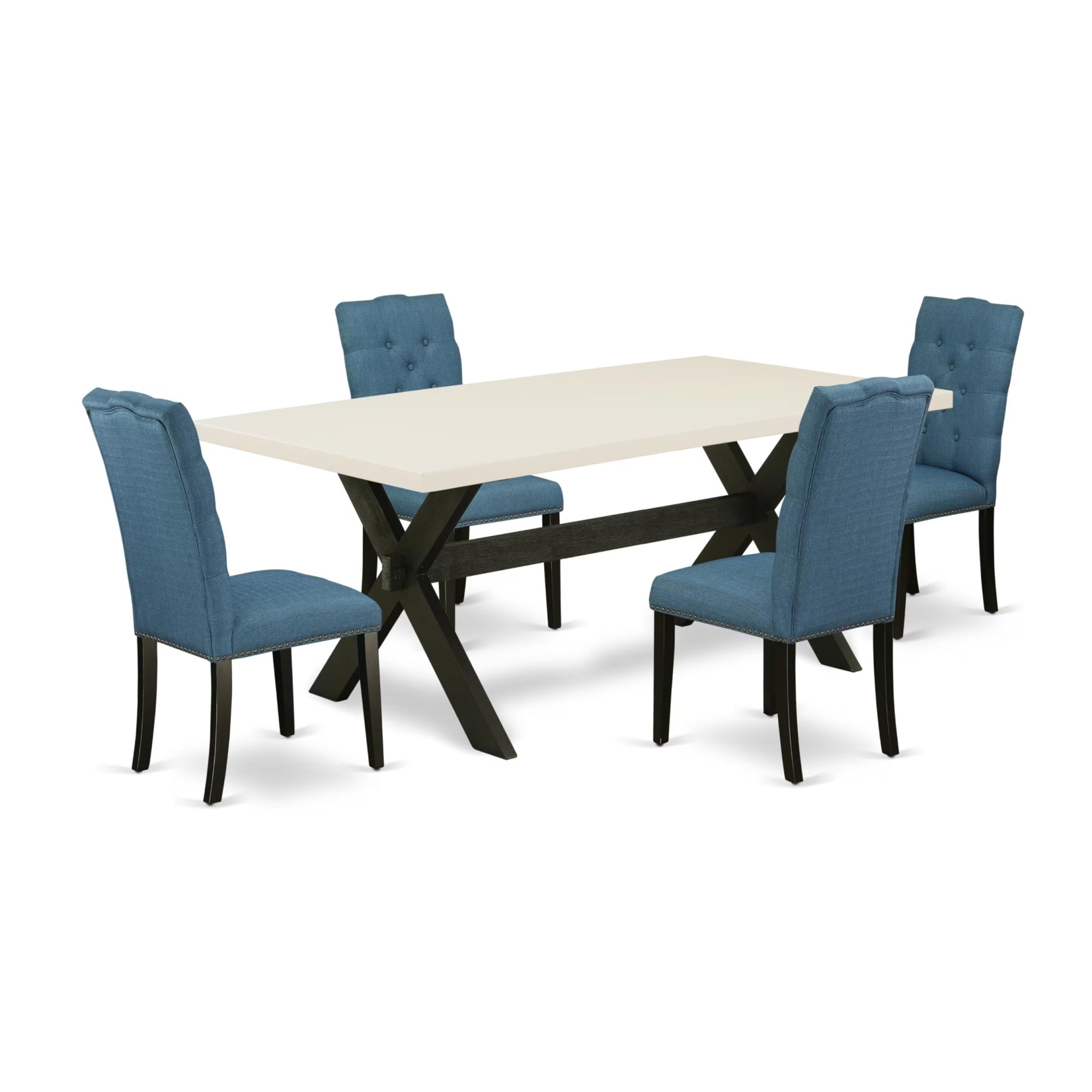 Casafoyer X627El121-5 5 Piece Dining Table Set For 4 Includes A Rectangle Kitchen Table With X-Legs And 4 Blue Linen Fabric Parson Dining Room Chairs, 40X72 Inch, Multi-Color