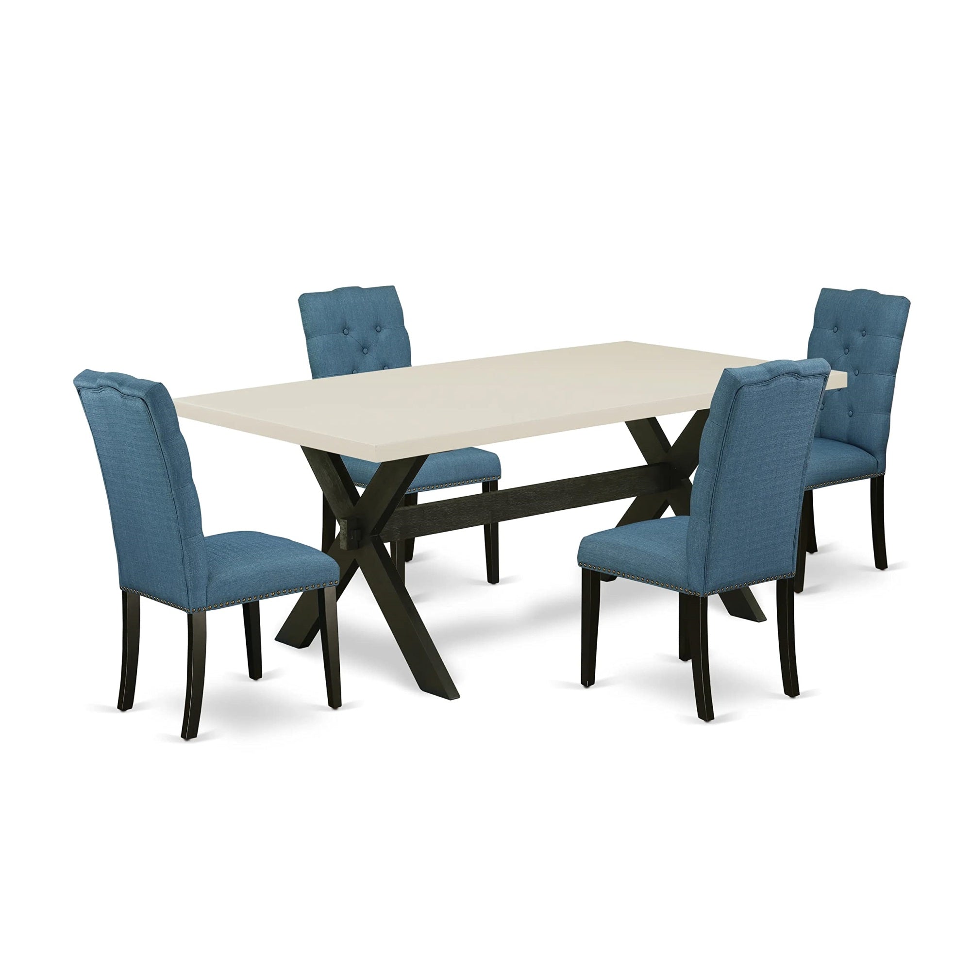 East West Furniture X627El121-5 5 Piece Dining Table Set For 4 Includes A Rectangle Kitchen Table With X-Legs And 4 Blue Linen Fabric Parson Dining Room Chairs, 40X72 Inch, Multi-Color