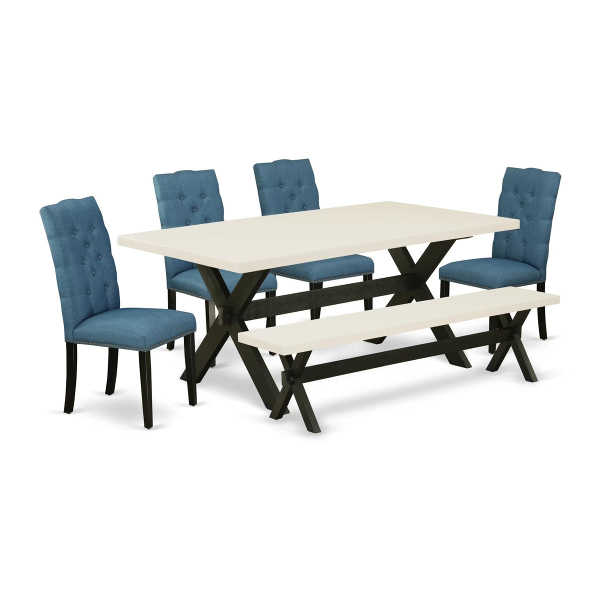 Casafoyer X627El121-6 6 Piece Dinette Set Contains A Rectangle Dining Room Table With X-Legs And 4 Blue Linen Fabric Parson Chairs With A Bench, 40X72 Inch, Multi-Color