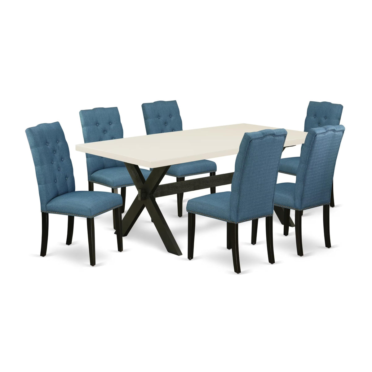 Casafoyer X627El121-7 7 Piece Dining Room Table Set Consist Of A Rectangle Kitchen Table With X-Legs And 6 Blue Linen Fabric Parson Dining Chairs, 40X72 Inch, Multi-Color