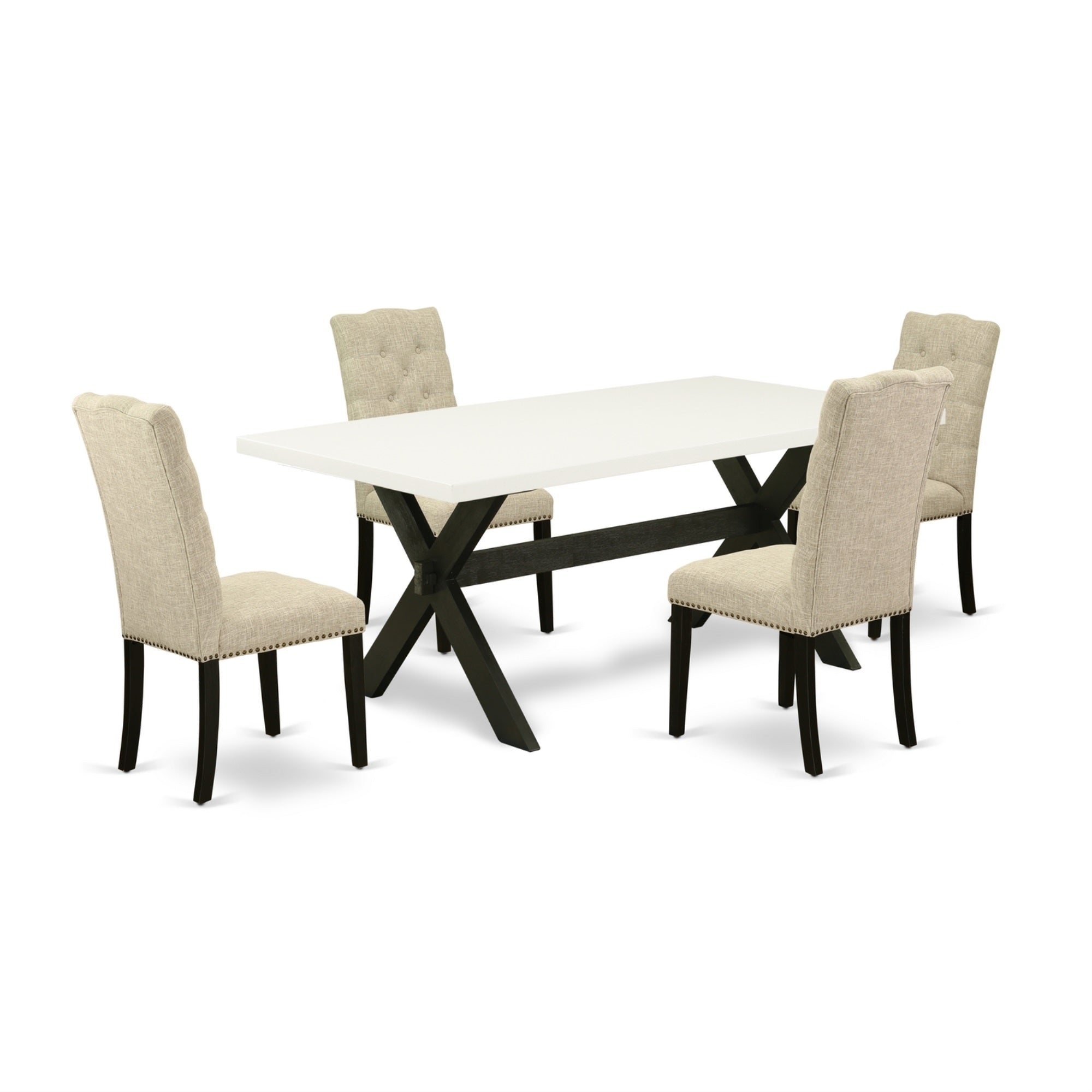 East West Furniture 5-Pc Kitchen Dinette Set Included 4 Parson Dining Chairs Upholstered Seat And High Button Tufted Chair Back And Rectangular Dining Room Table With Linen White Mid Century Dining Table Top - Black Finish
