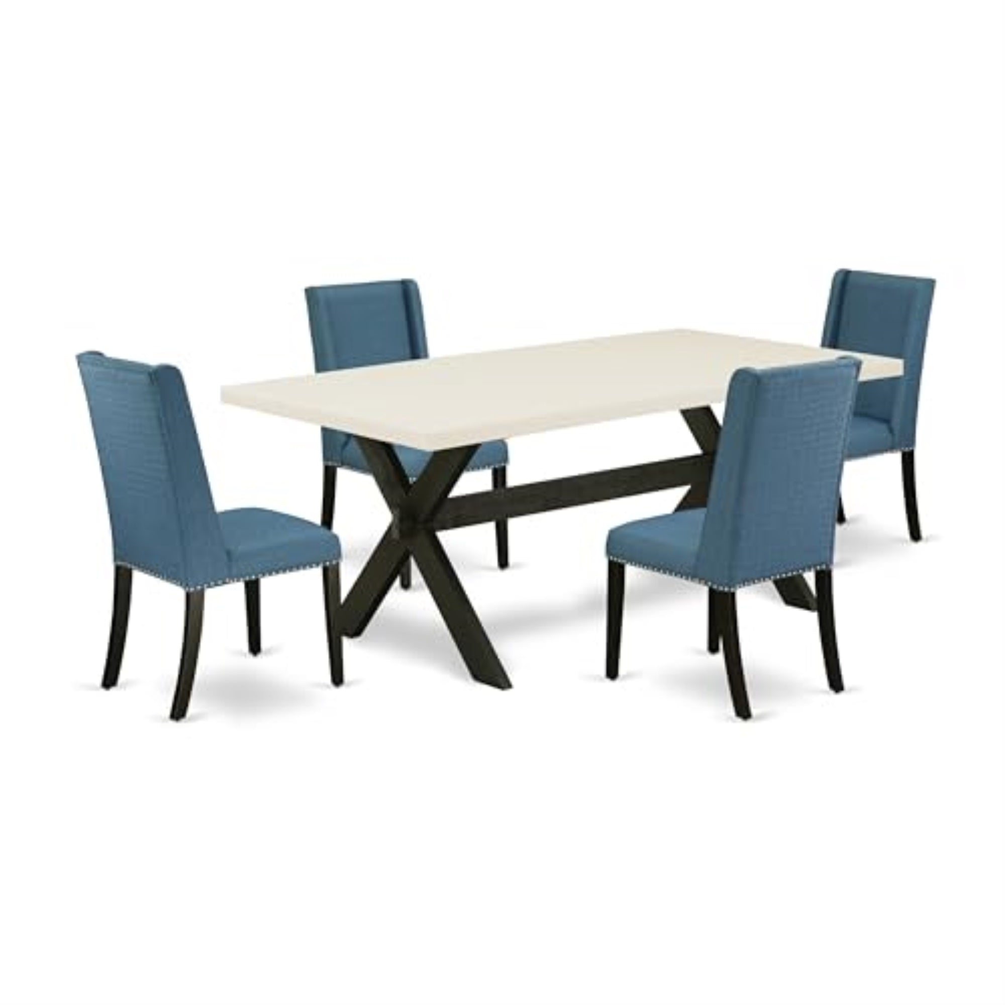 Casafoyer X627Fl121-5 5 Piece Dining Table Set For 4 Includes A Rectangle Kitchen Table With X-Legs And 4 Blue Linen Fabric Upholstered Parson Chairs, 40X72 Inch, Multi-Color