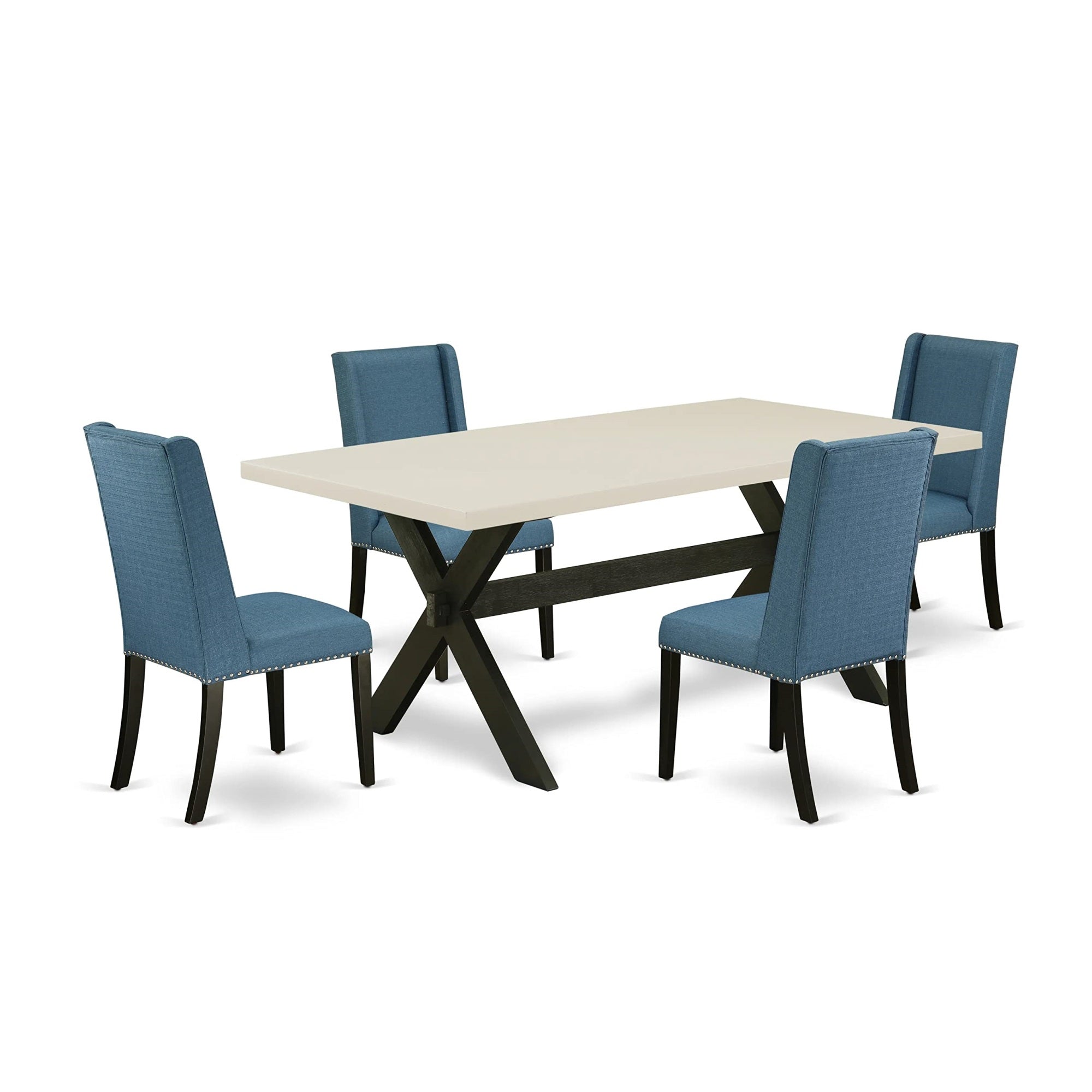 Ergode X627Fl121-5, 5-Piece Dining Set, Rectangle Table, X-Legs, 4 Blue Linen Parson Chairs, Asian Wood, 40X72 Inch
