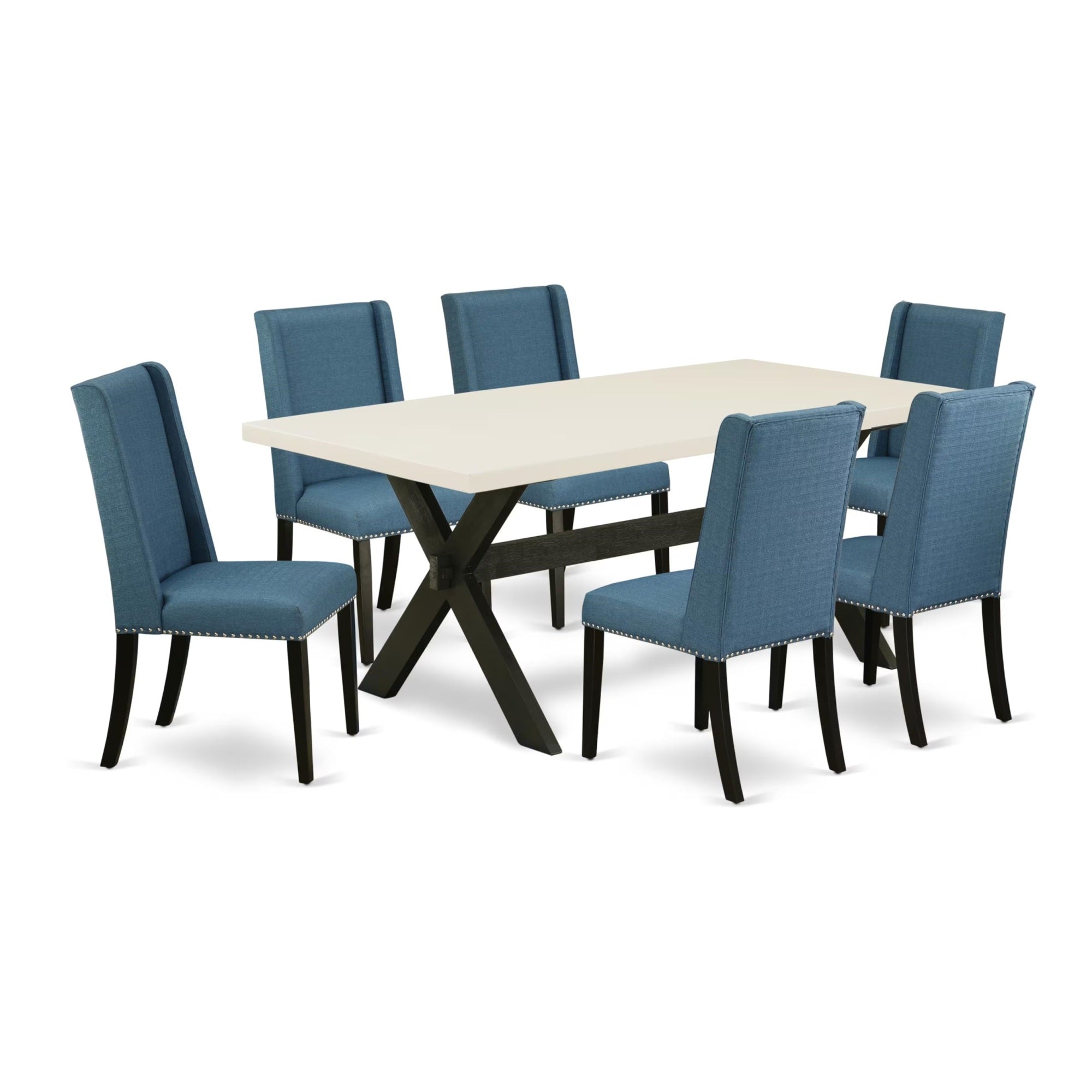 Casafoyer X627Fl121-7 7 Piece Kitchen Table Set Consist Of A Rectangle Dining Table With X-Legs And 6 Blue Linen Fabric Parsons Dining Chairs, 40X72 Inch, Multi-Color