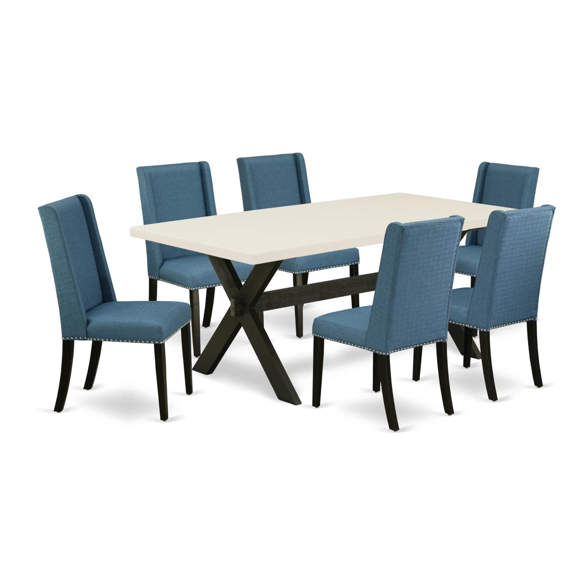 Casafoyer X627Fl121-7 7 Piece Kitchen Table Set Consist Of A Rectangle Dining Table With X-Legs And 6 Blue Linen Fabric Parsons Dining Chairs, 40X72 Inch, Multi-Color