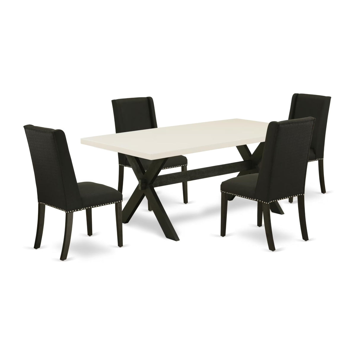 Casafoyer X627Fl624-5 5 Piece Dining Set Includes A Rectangle Dining Room Table With X-Legs And 4 Black Linen Fabric Upholstered Parson Chairs, 40X72 Inch, Multi-Color