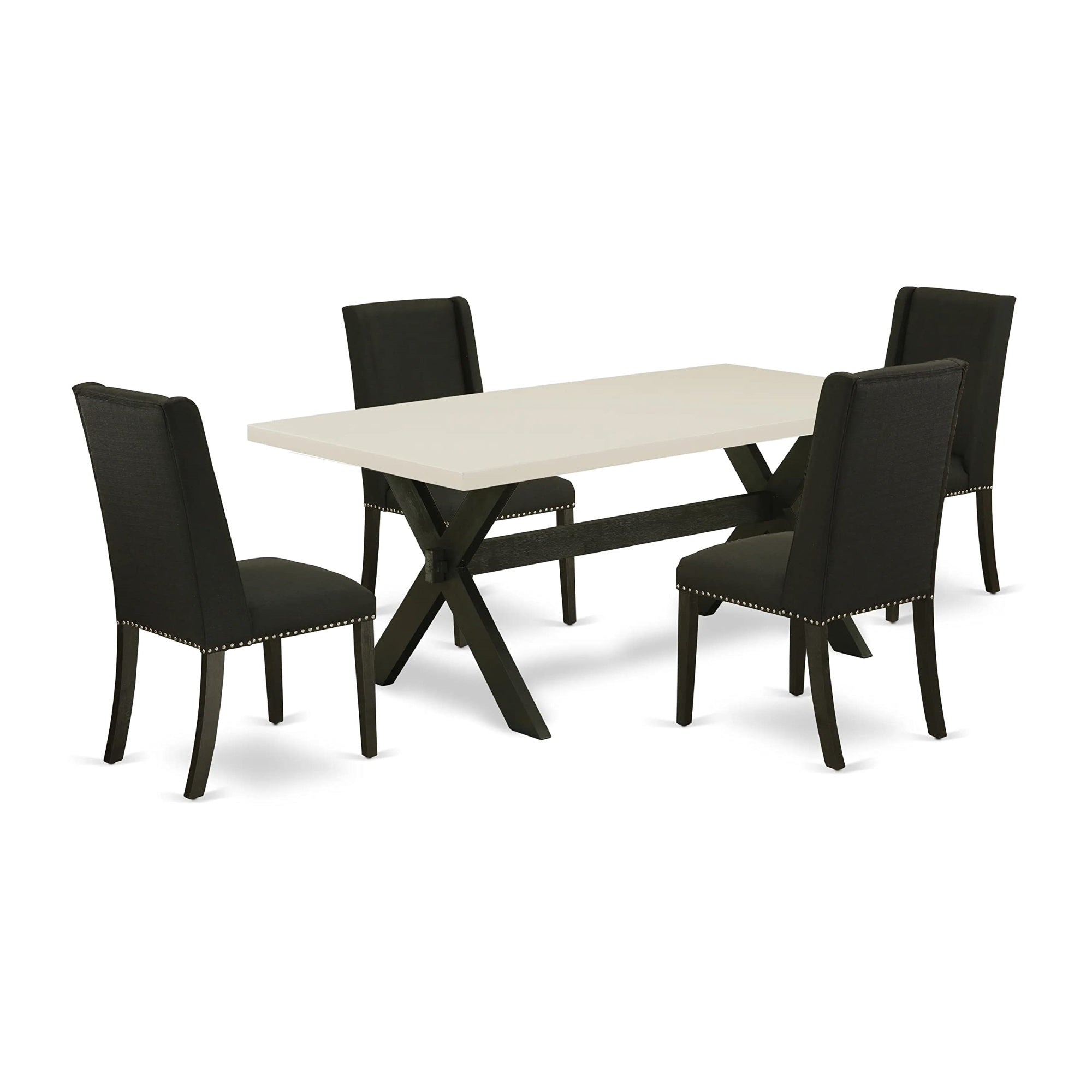 East West Furniture X627Fl624-5 5 Piece Set Includes A Rectangle Dining Room Table With X-Legs And 4 Black Linen Fabric Upholstered Parson Chairs, 40X72 Inch