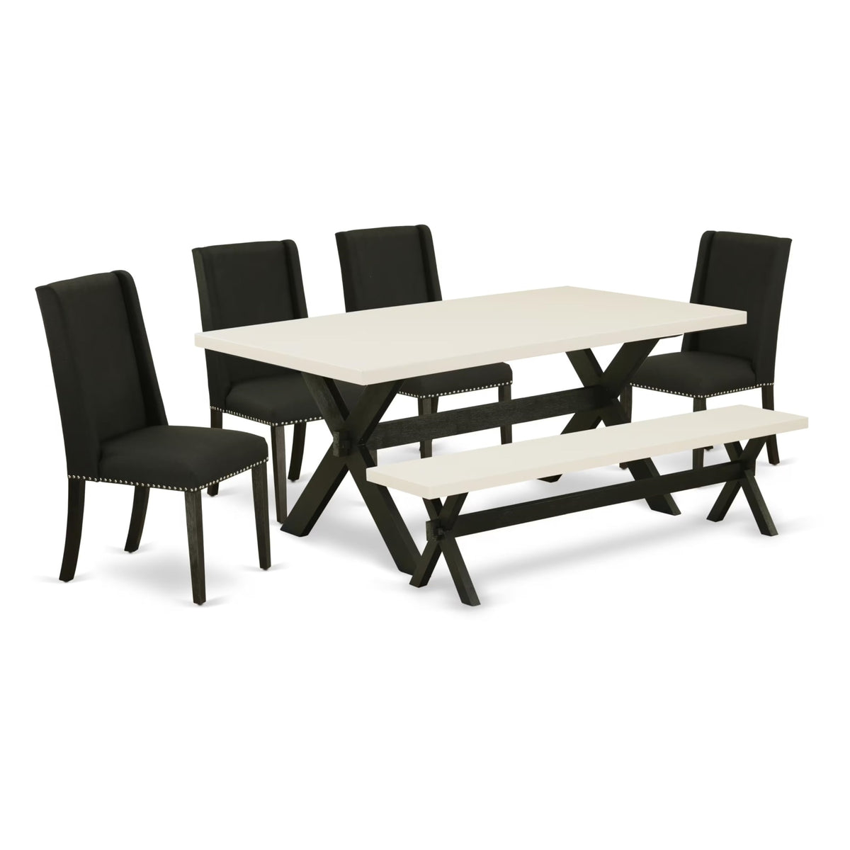 Casafoyer X627Fl624-6 6 Piece Dining Room Set Contains A Rectangle Dining Table With X-Legs And 4 Black Linen Fabric Parson Chairs With A Bench, 40X72 Inch, Multi-Color