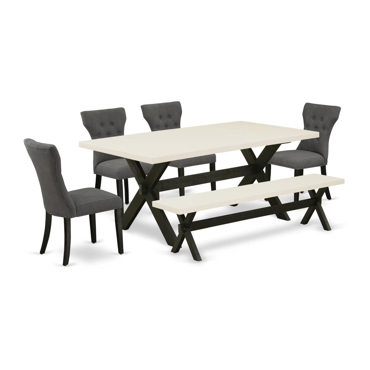 Casafoyer X627Ga650-6 6 Piece Dining Table Set Contains A Rectangle Kitchen Table With X-Legs And 4 Dark Gotham Linen Fabric Parson Chairs With A Bench, 40X72 Inch, Multi-Color