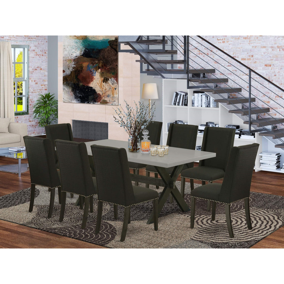 Casafoyer X697Fl624-9 9 Piece Dining Room Furniture Set Includes A Rectangle Dining Table With X-Legs And 8 Black Linen Fabric Upholstered Chairs, 40X72 Inch, Multi-Color