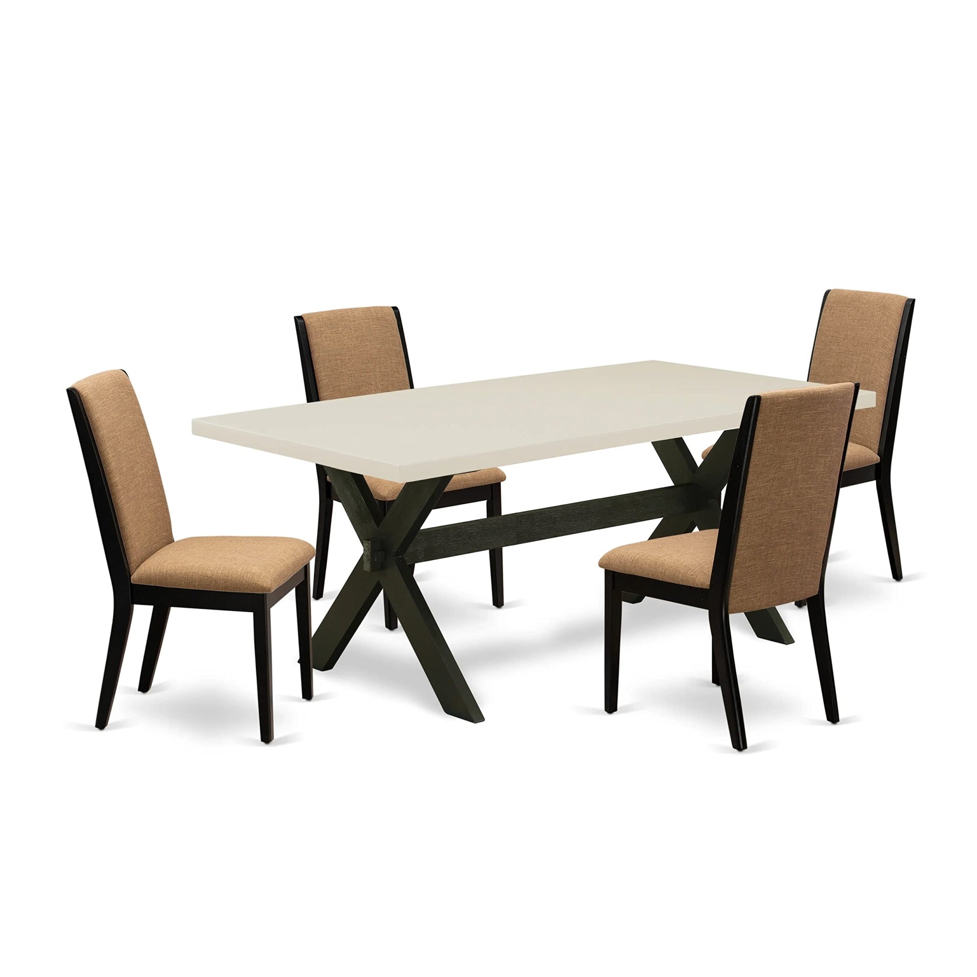 East West Furniture X627La147-5 5 Piece Set Includes A Rectangle Dining Room Table With X-Legs And 4 Light Sable Linen Fabric Upholstered Parson Chairs, 40X72 Inch