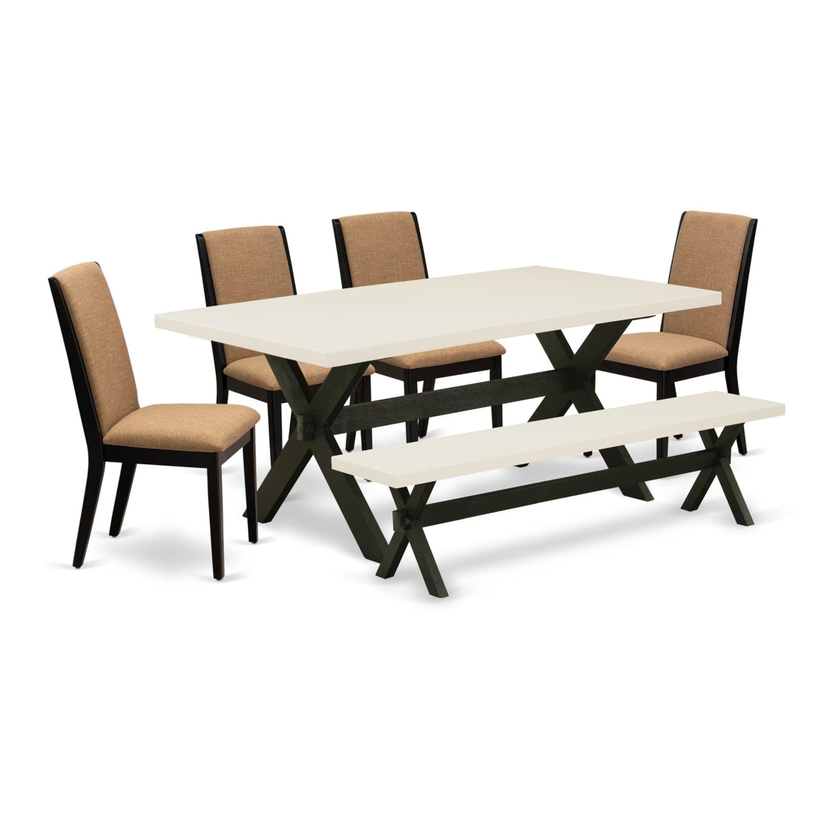 Casafoyer X627La147-6 6 Piece Dining Set Contains A Rectangle Dining Room Table With X-Legs And 4 Light Sable Linen Fabric Parson Chairs With A Bench, 40X72 Inch, Multi-Color