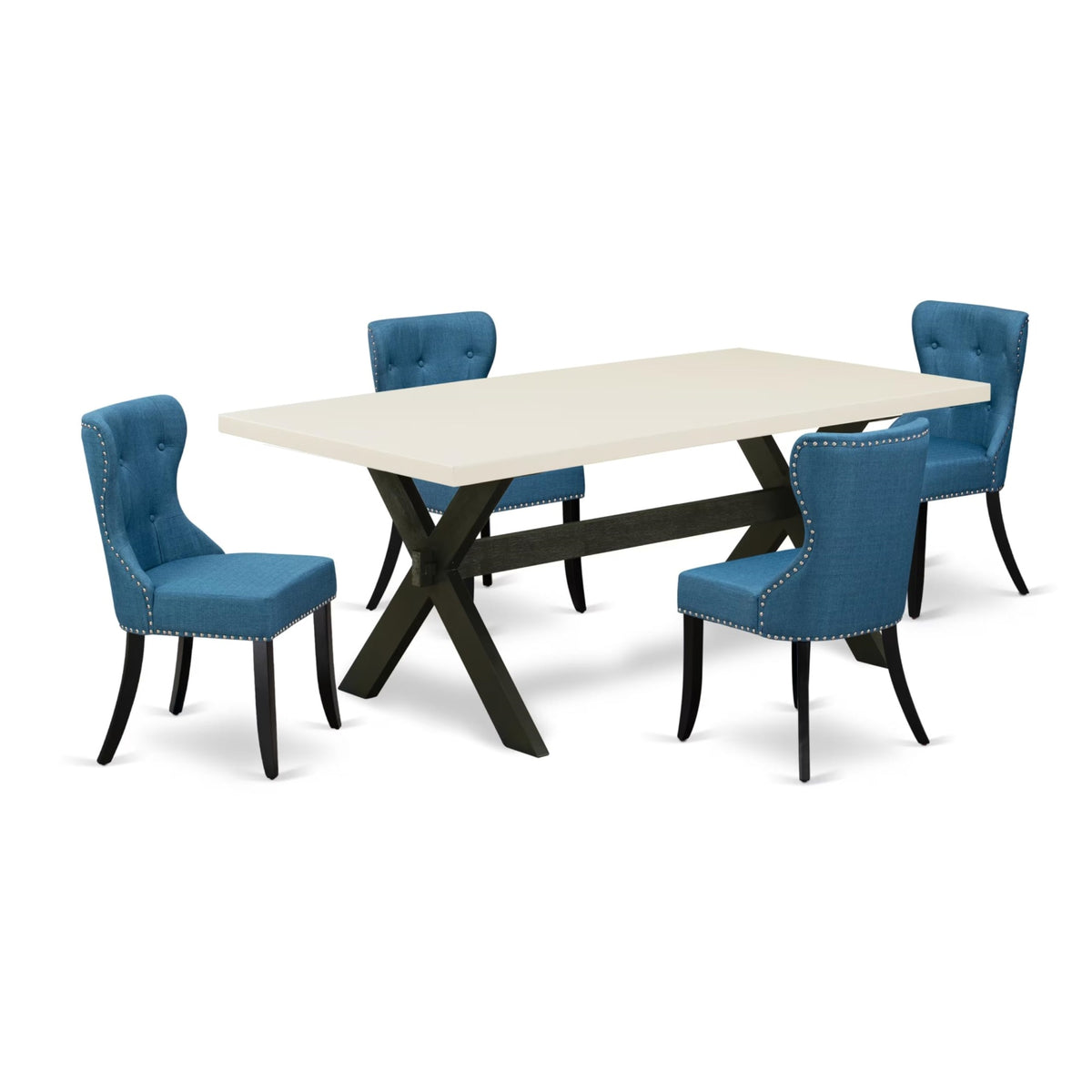 Casafoyer X-Style 5 Piece Room Furniture Set Includes A Rectangle Dining Table With X-Legs And 4 Blue Linen Fabric Upholstered Chairs, 40X72 Inch, X627Si121-5