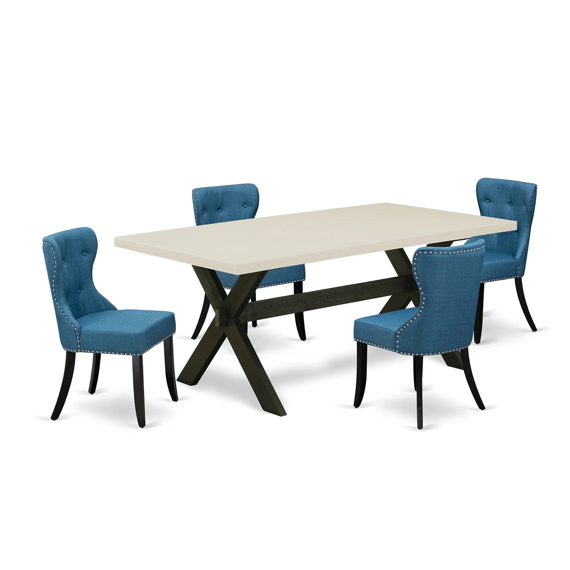 Ergode X627Si121-5, 5-Piece Dining Set, Rectangle Table With X-Legs, 4 Blue Linen Fabric Chairs, 72X40 Inch