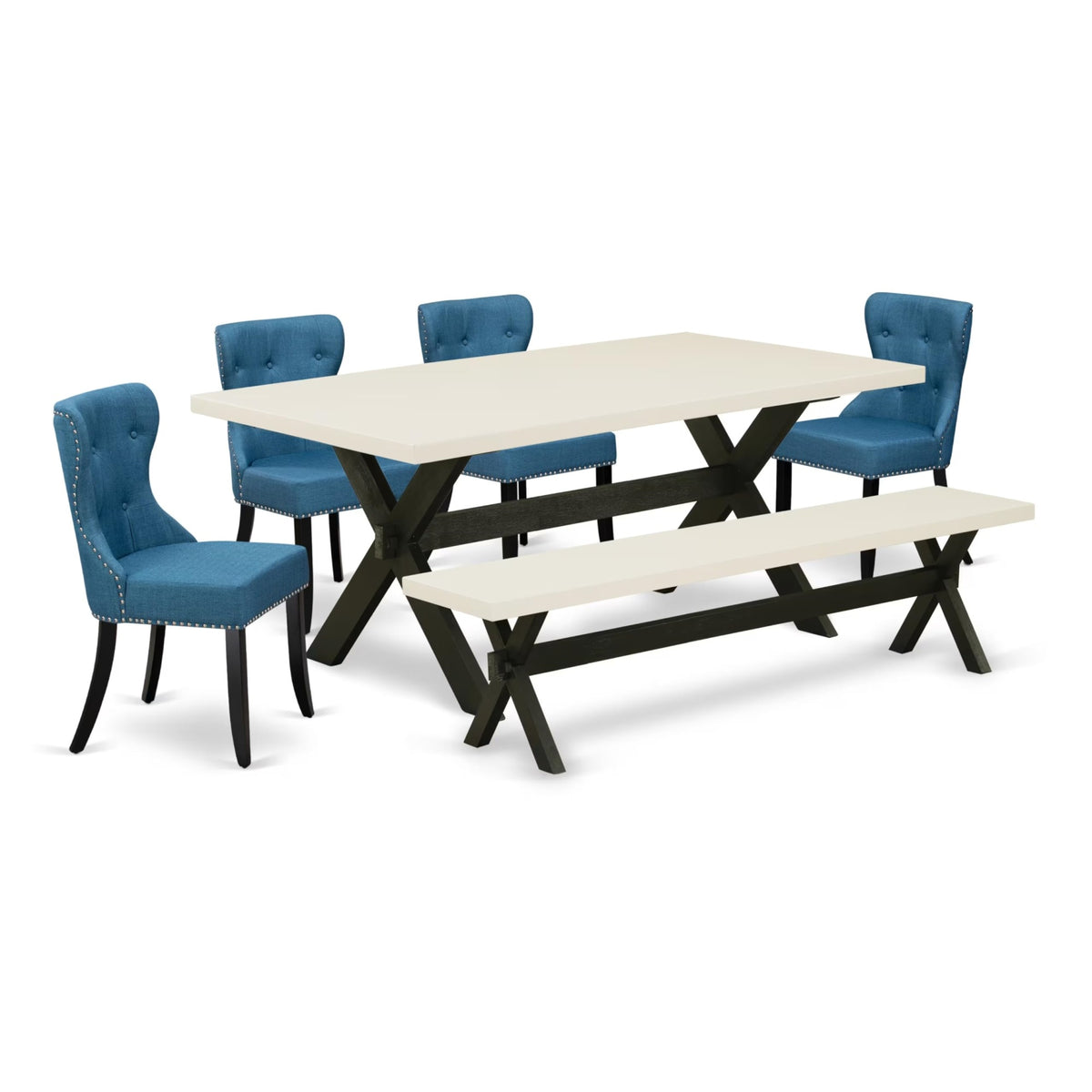 Casafoyer X-Style 6 Piece Kitchen Set Contains A Rectangle Wooden Table And 4 Blue Linen Fabric Parson Chairs With A Bench, 40X72 Inch, X627Si121-6