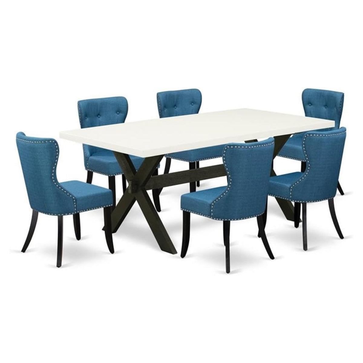 Casafoyer X-Style 7 Piece Modern Set Consist Of A Rectangle Wooden Table With X-Legs And 6 Blue Linen Fabric Parson Dining Chairs, 40X72 Inch, X627Si121-7