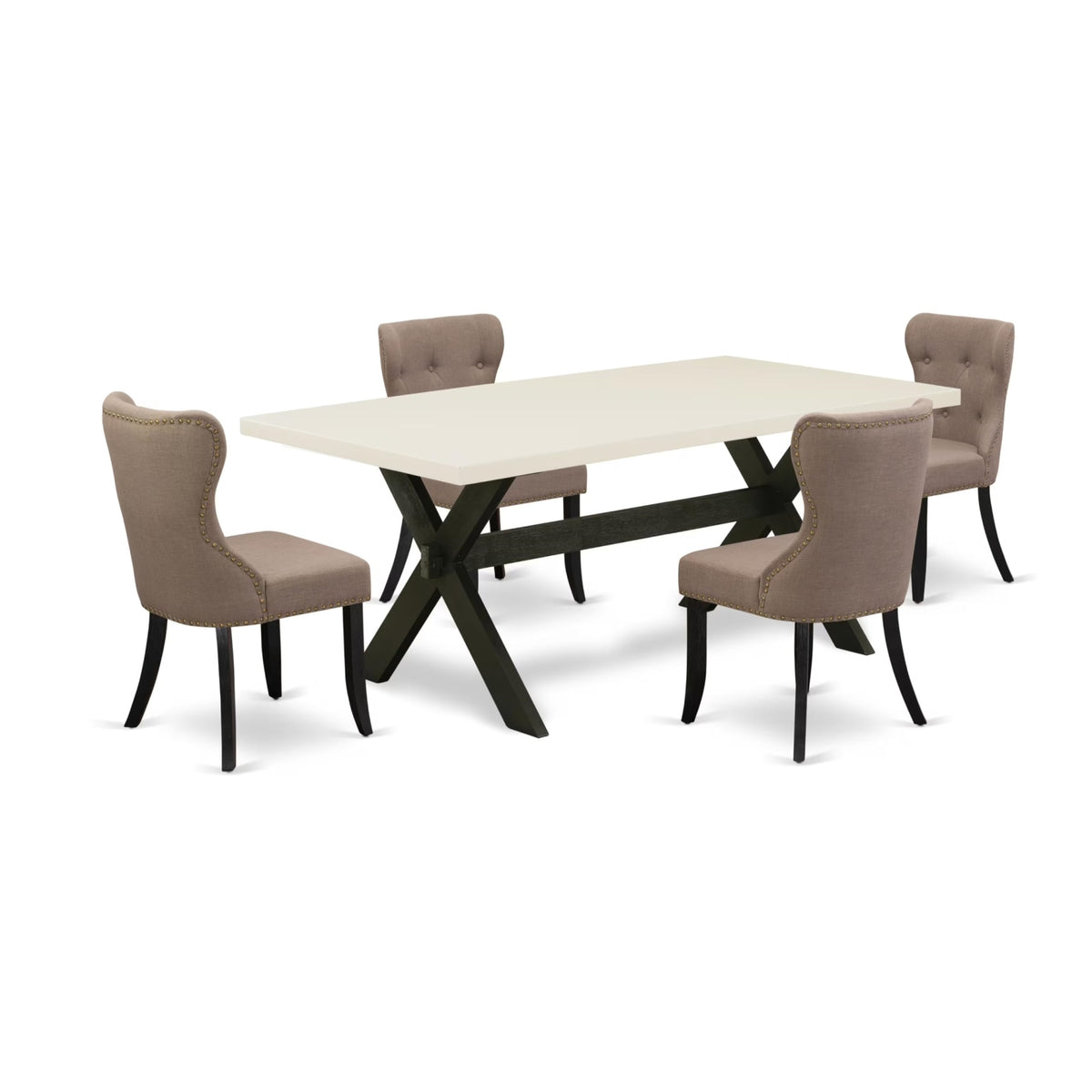 Casafoyer X-Style 5 Piece Room Furniture Set Includes A Rectangle Dining Table With X-Legs And 4 Coffee Linen Fabric Upholstered Chairs, 40X72 Inch, Multi-Color