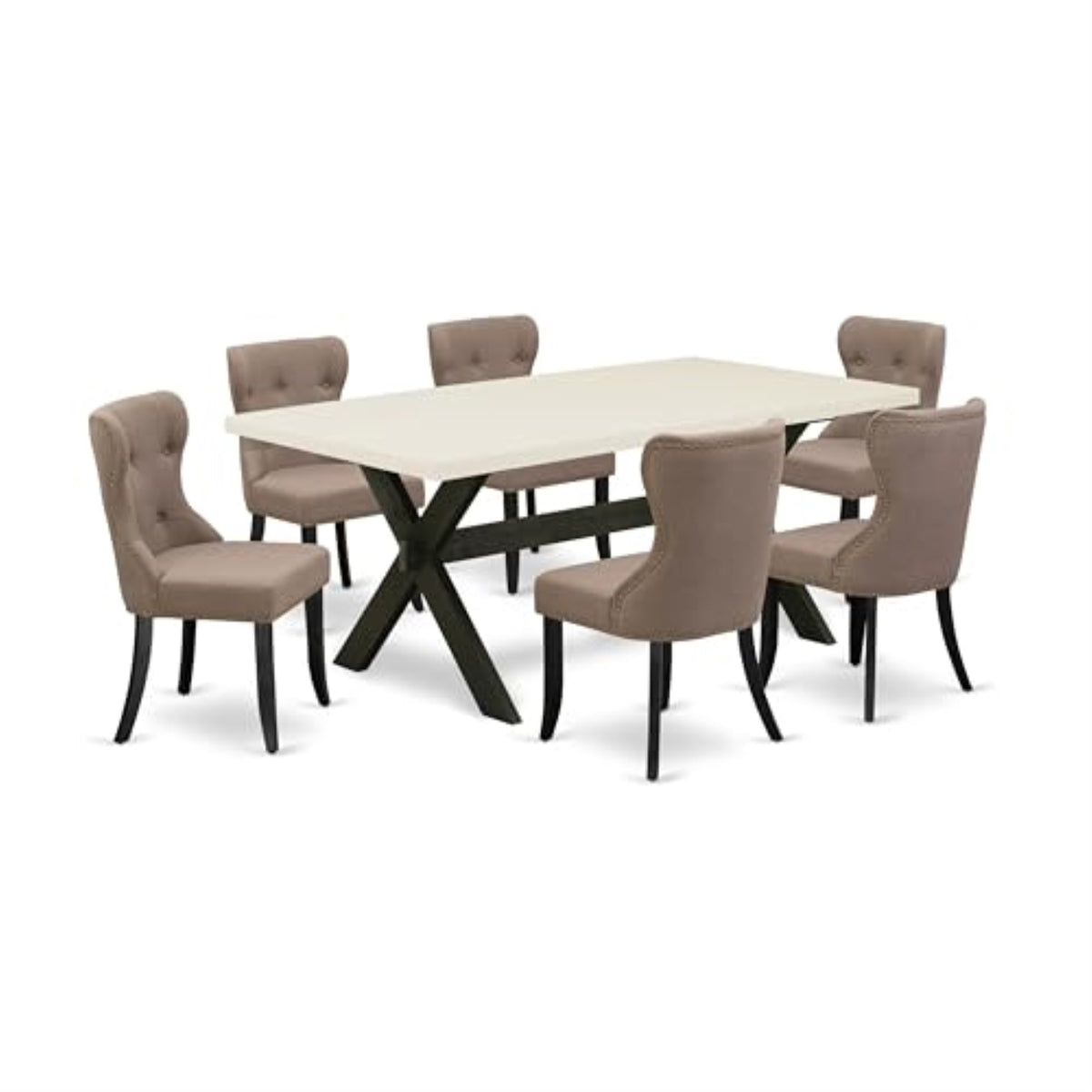 Casafoyer X-Style 7 Piece Room Furniture Set Consist Of A Rectangle Dining Table With X-Legs And 6 Coffee Linen Fabric Upholstered Chairs, 40X72 Inch, Multi-Color