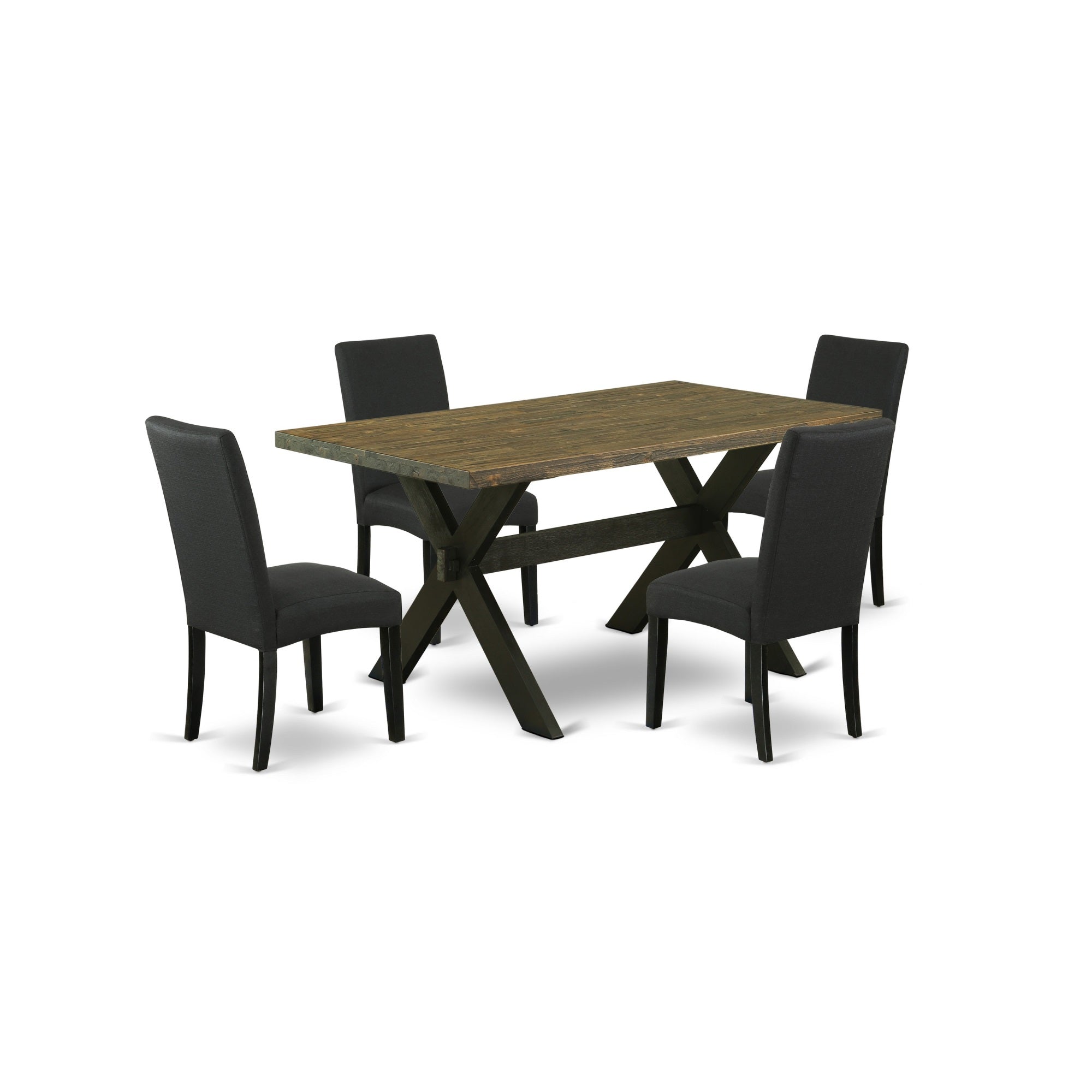 East West Furniture X676Dr124-5 5-Piece Dining Room Table Set- 4 Mid Century Dining Chairs With Black Linen Fabric Seat And Stylish Chair Back - Rectangular Table Top & Wooden Cross Legs - Distressed Jacobean And Black Finish