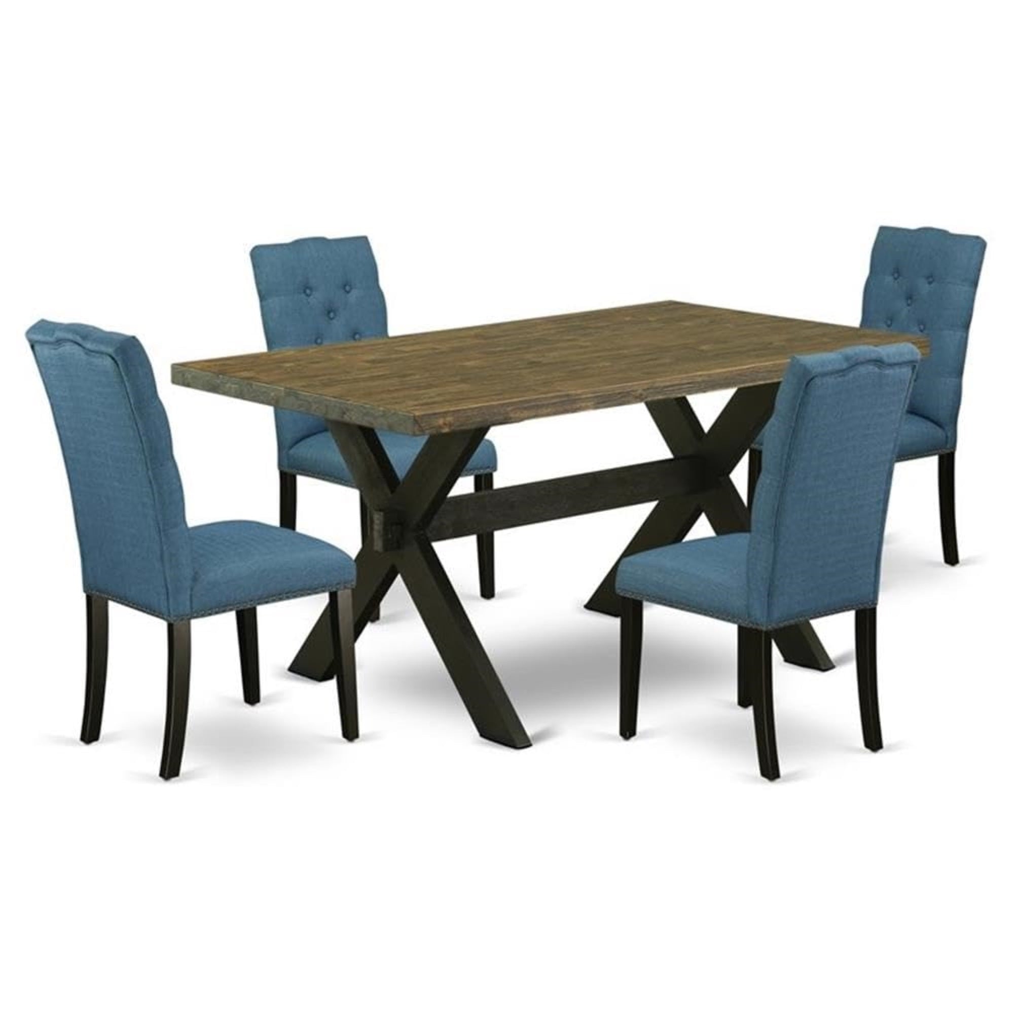 Casafoyer X676El121-5 5 Piece Dining Room Furniture Set Includes A Rectangle Dining Table With X-Legs And 4 Blue Linen Fabric Parsons Chairs, 36X60 Inch, Multi-Color