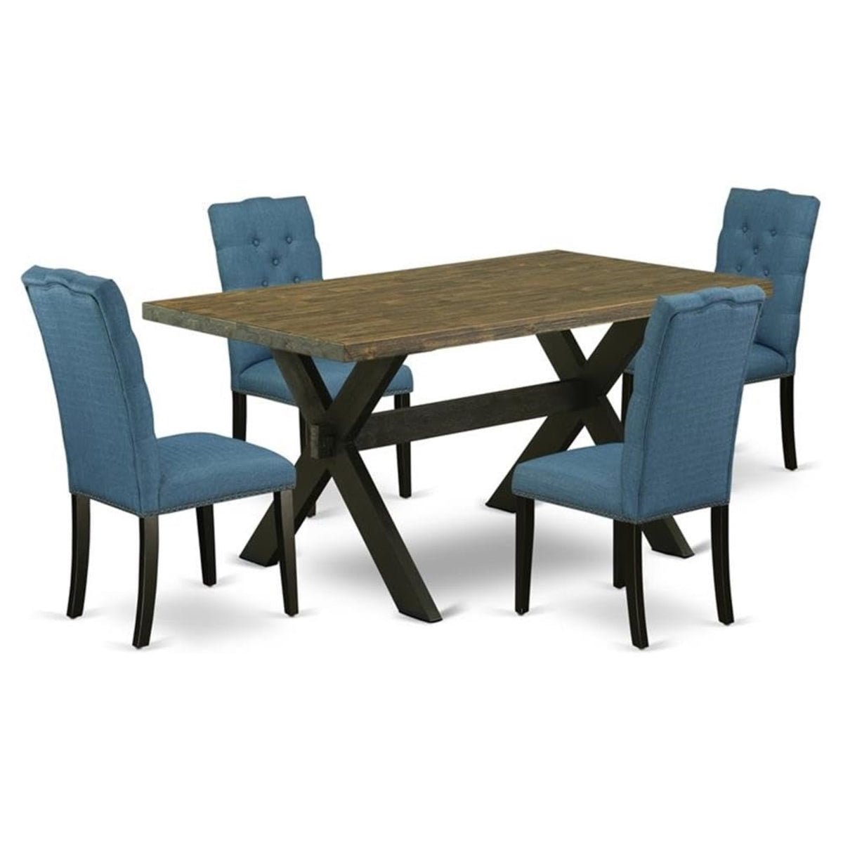 Casafoyer X676El121-5 5 Piece Dining Room Furniture Set Includes A Rectangle Dining Table With X-Legs And 4 Blue Linen Fabric Parsons Chairs, 36X60 Inch, Multi-Color