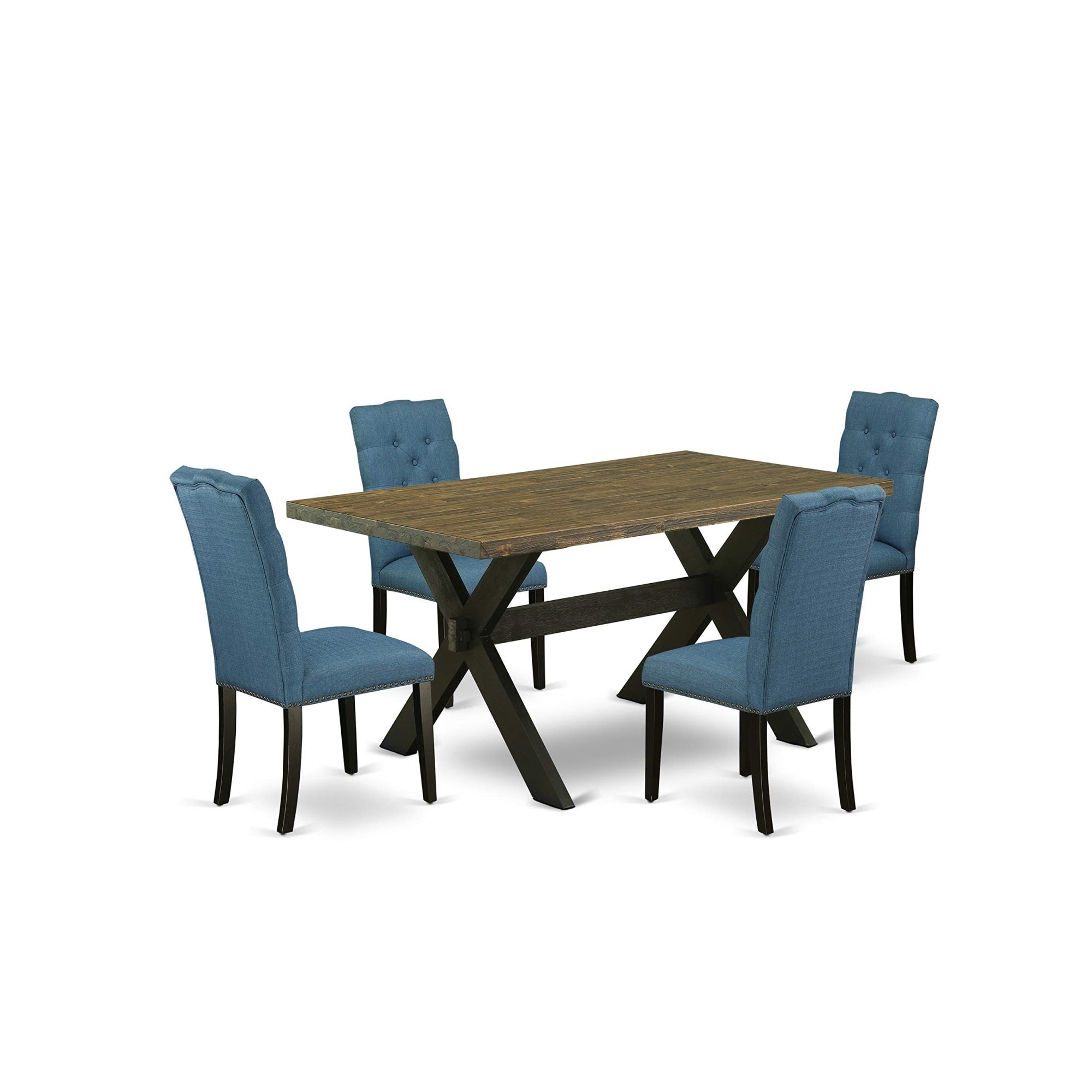 East West Furniture X676El121-5 5 Piece Room Furniture Set Includes A Rectangle Dining Table With X-Legs And 4 Blue Linen Fabric Parsons Chairs, 36X60 Inch