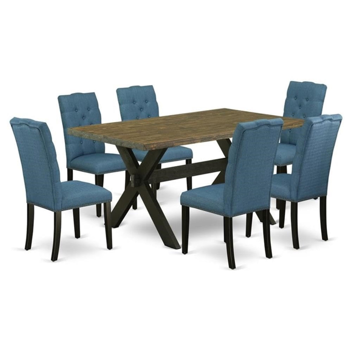 Casafoyer X-Style 7 Piece Kitchen Set Consist Of A Rectangle Dining Room Table With X-Legs And 6 Blue Linen Fabric Parsons Chairs, 36X60 Inch, X676El121-7
