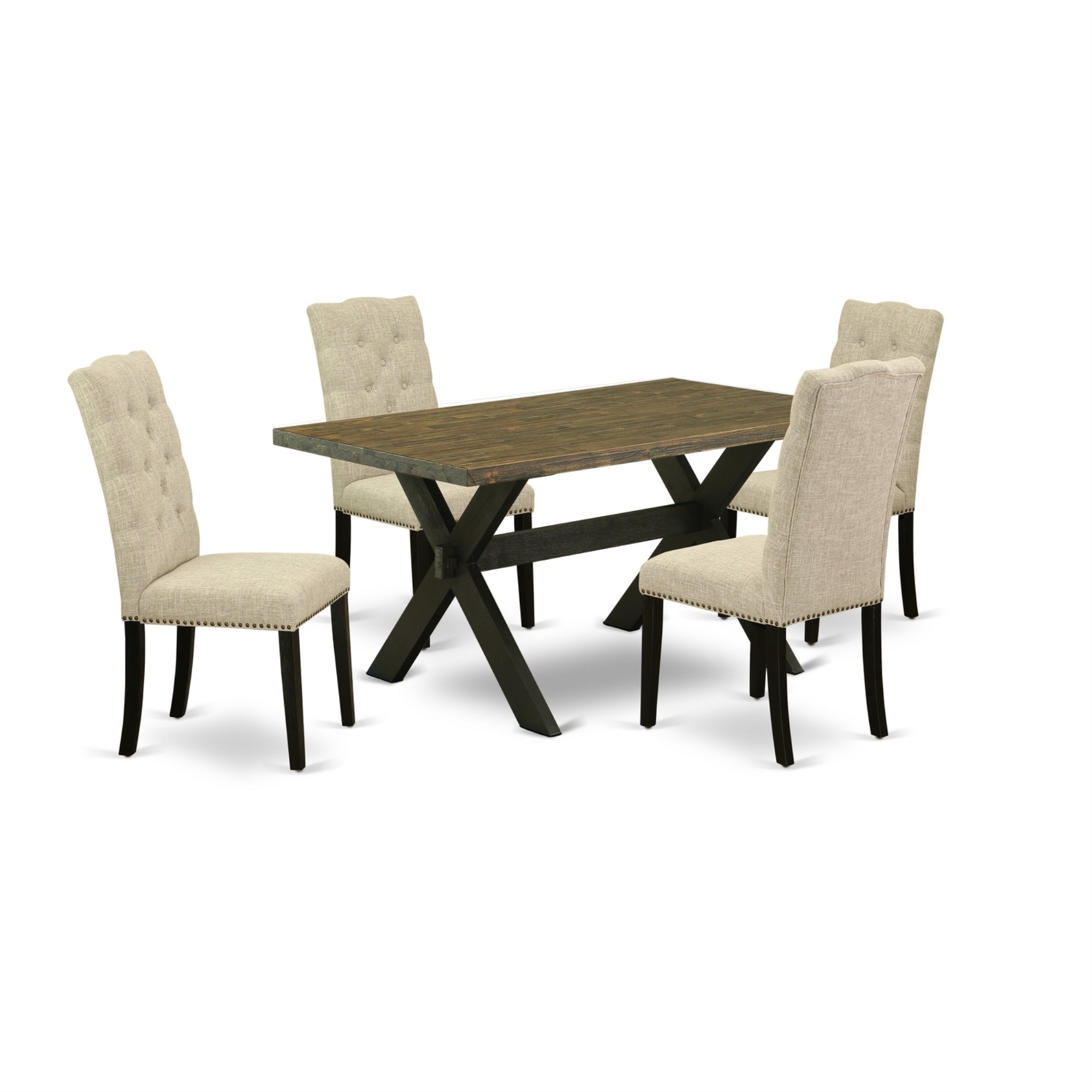 East West Furniture 5-Piece Kitchen Dining Table Set Included 4 Parson Dining Chairs Upholstered Seat And High Button Tufted Chair Back And Rectangular Kitchen Dining Table With Distressed Jacobean Mid Century Dining Table Top - Black Finish
