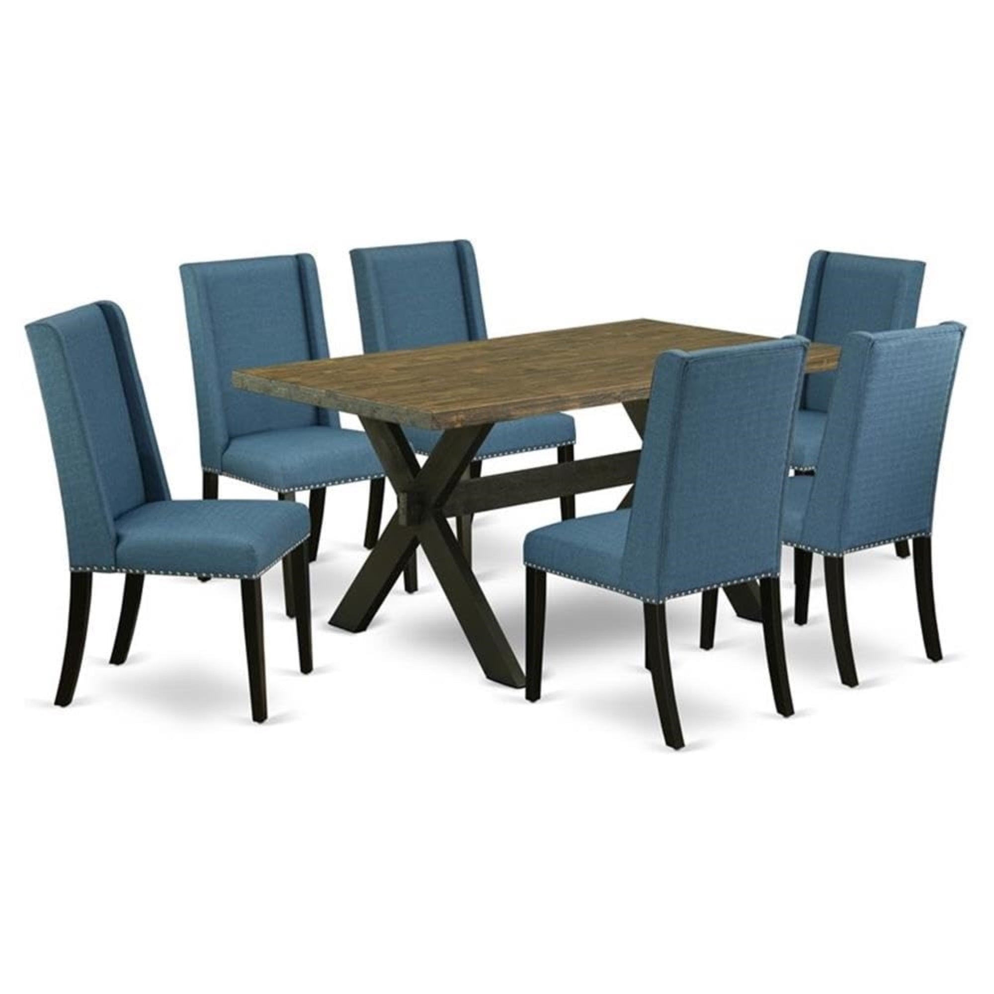 Casafoyer X676Fl121-7 7 Piece Room Furniture Set Consist Of A Rectangle Dining Table With X-Legs And 6 Blue Linen Fabric Upholstered Chairs, 36X60 Inch, Multi-Color