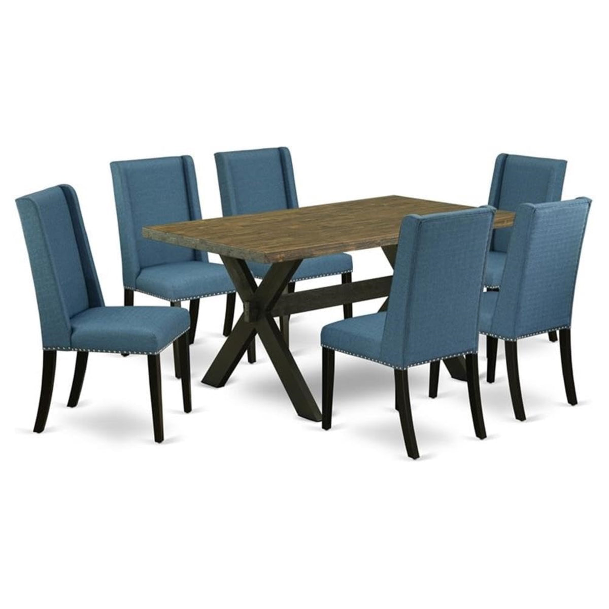Casafoyer X676Fl121-7 7 Piece Room Furniture Set Consist Of A Rectangle Dining Table With X-Legs And 6 Blue Linen Fabric Upholstered Chairs, 36X60 Inch, Multi-Color