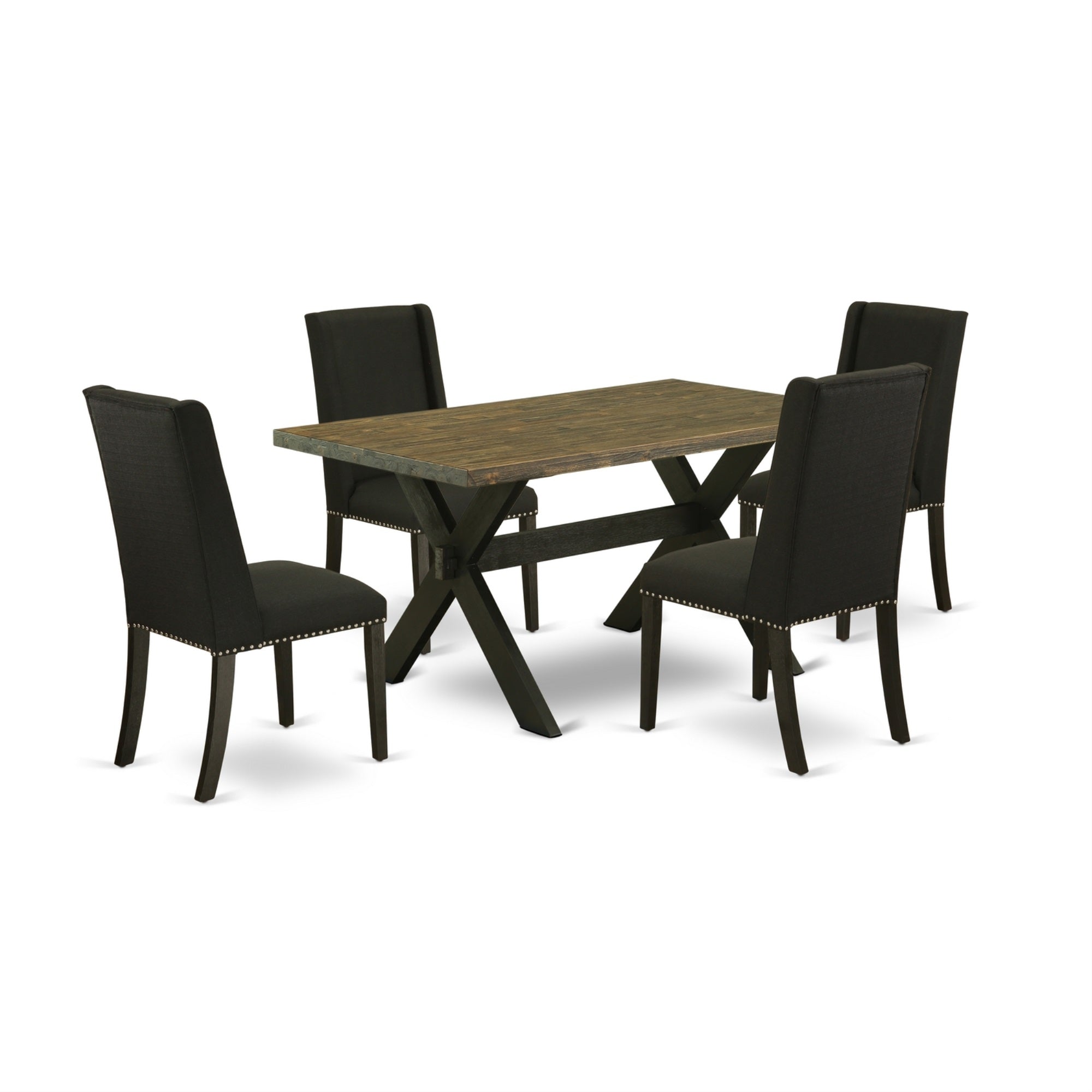 East West Furniture 5-Piece Dining Set Included 4 Dining Chair Upholstered Nail Head Seat And Stylish Chair Back And Rectangular Kitchen Dining Table With Distressed Jacobean Dining Table Top - Black Finish