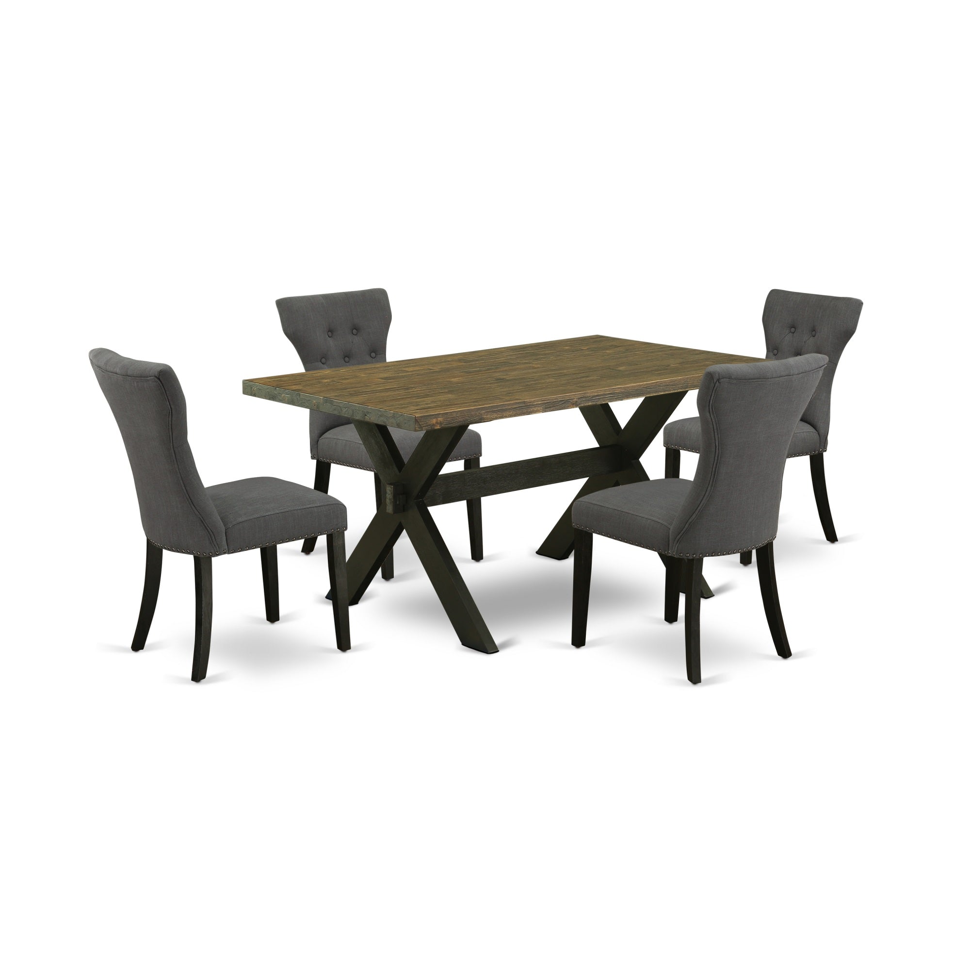 East West Furniture 5-Piece Kitchen Dinette Set Included 4 Parson Chairs Upholstered Seat And High Button Tufted Chair Back And Rectangular Dining Table With Distressed Jacobean Dining Room Table Top - Black Finish