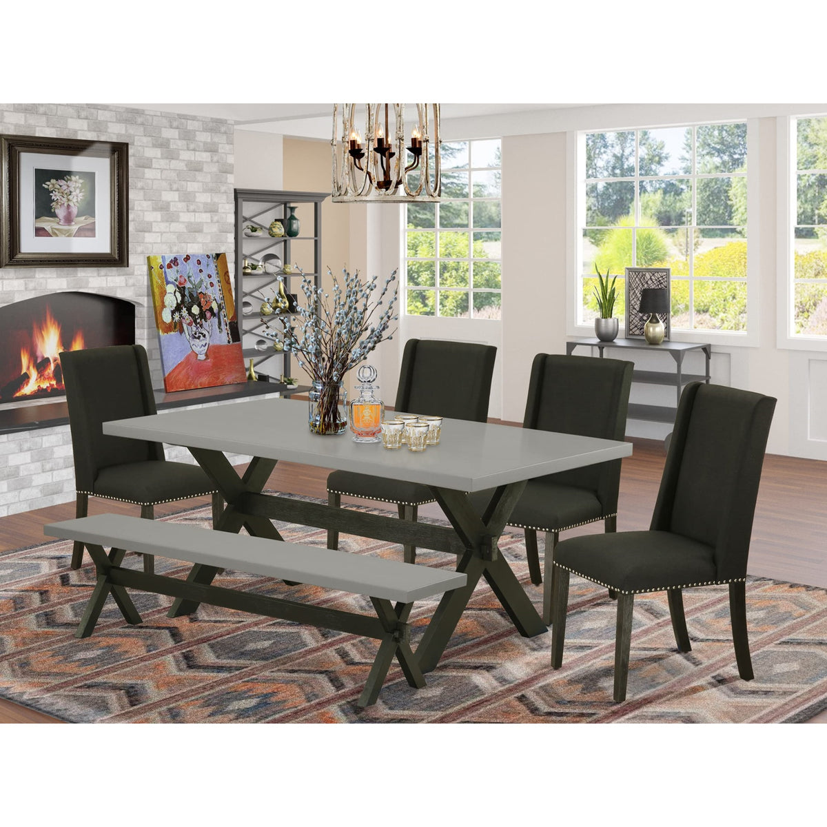 Casafoyer X697Fl624-6 6 Piece Dinette Set Contains A Rectangle Dining Table With X-Legs And 4 Black Linen Fabric Parson Chairs With A Bench, 40X72 Inch, Multi-Color