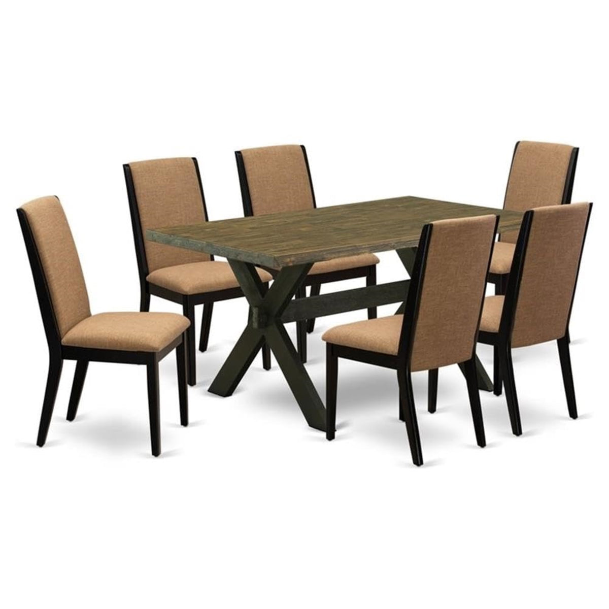 Casafoyer X676La147-7 7 Piece Dining Set Consist Of A Rectangle Dining Room Table With X-Legs And 6 Light Sable Linen Fabric Upholstered Parson Chairs, 36X60 Inch, Multi-Color