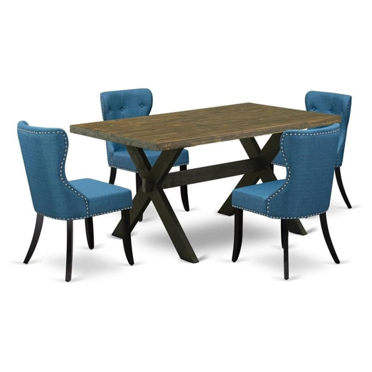 Casafoyer X-Style 5 Piece Room Furniture Set Includes A Rectangle Dining Table With X-Legs And 4 Blue Linen Fabric Upholstered Chairs, 36X60 Inch, X676Si121-5