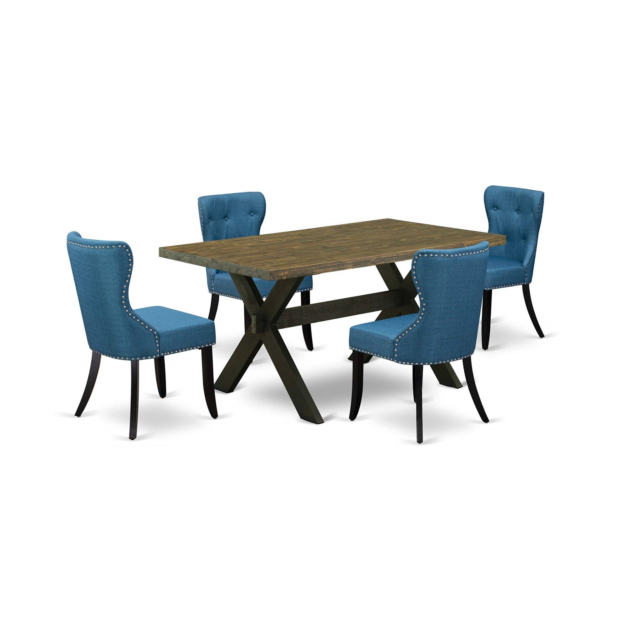 East West Furniture X676Si121-5 5 Piece Room Furniture Set Includes A Rectangle Dining Table With X-Legs And 4 Blue Linen Fabric Upholstered Chairs, 36X60 Inch