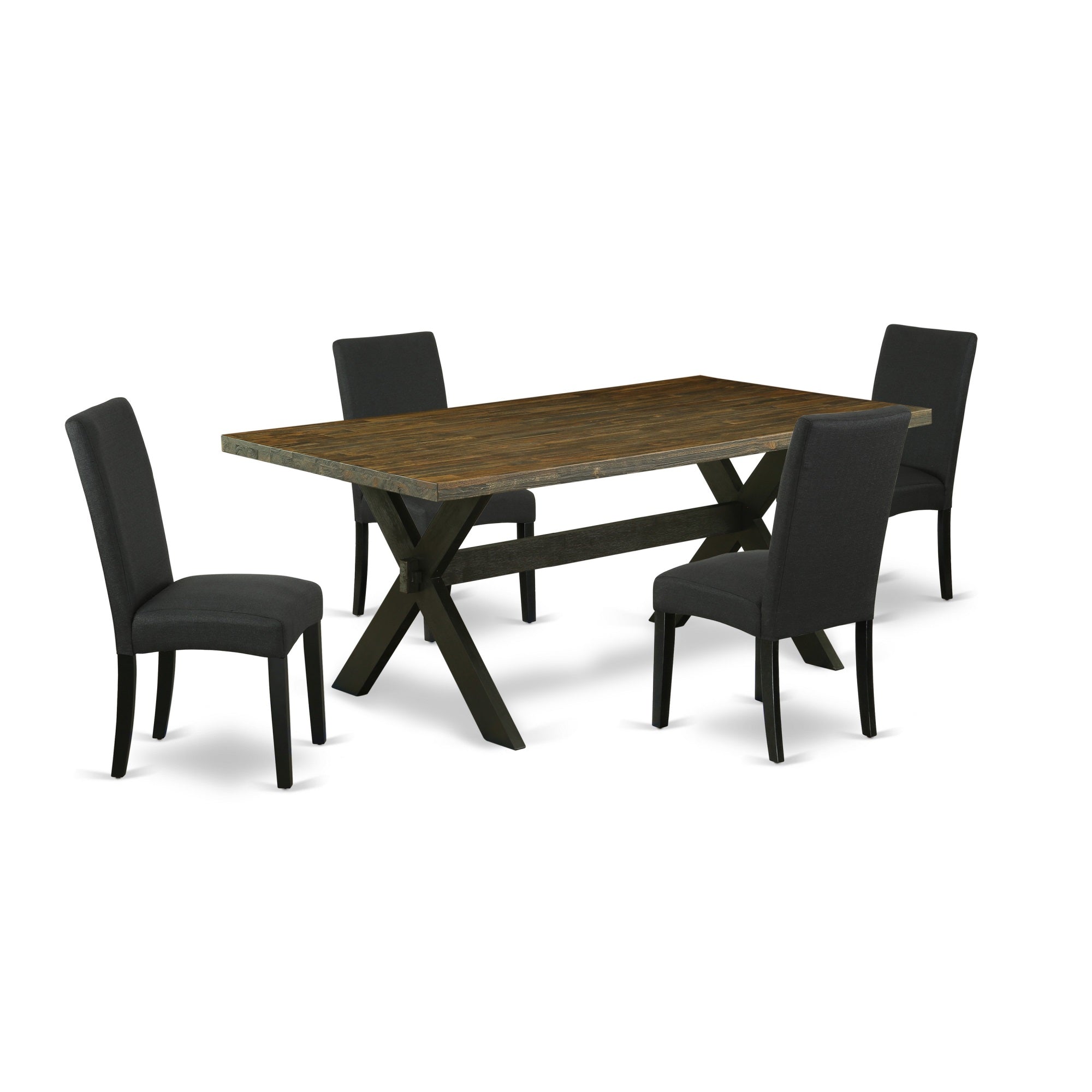 East West Furniture X677Dr124-5 5-Pc Dining Table Set- 4 Dining Padded Chairs With Black Linen Fabric Seat And Stylish Chair Back - Rectangular Table Top & Wooden Cross Legs - Distressed Jacobean And Black Finish