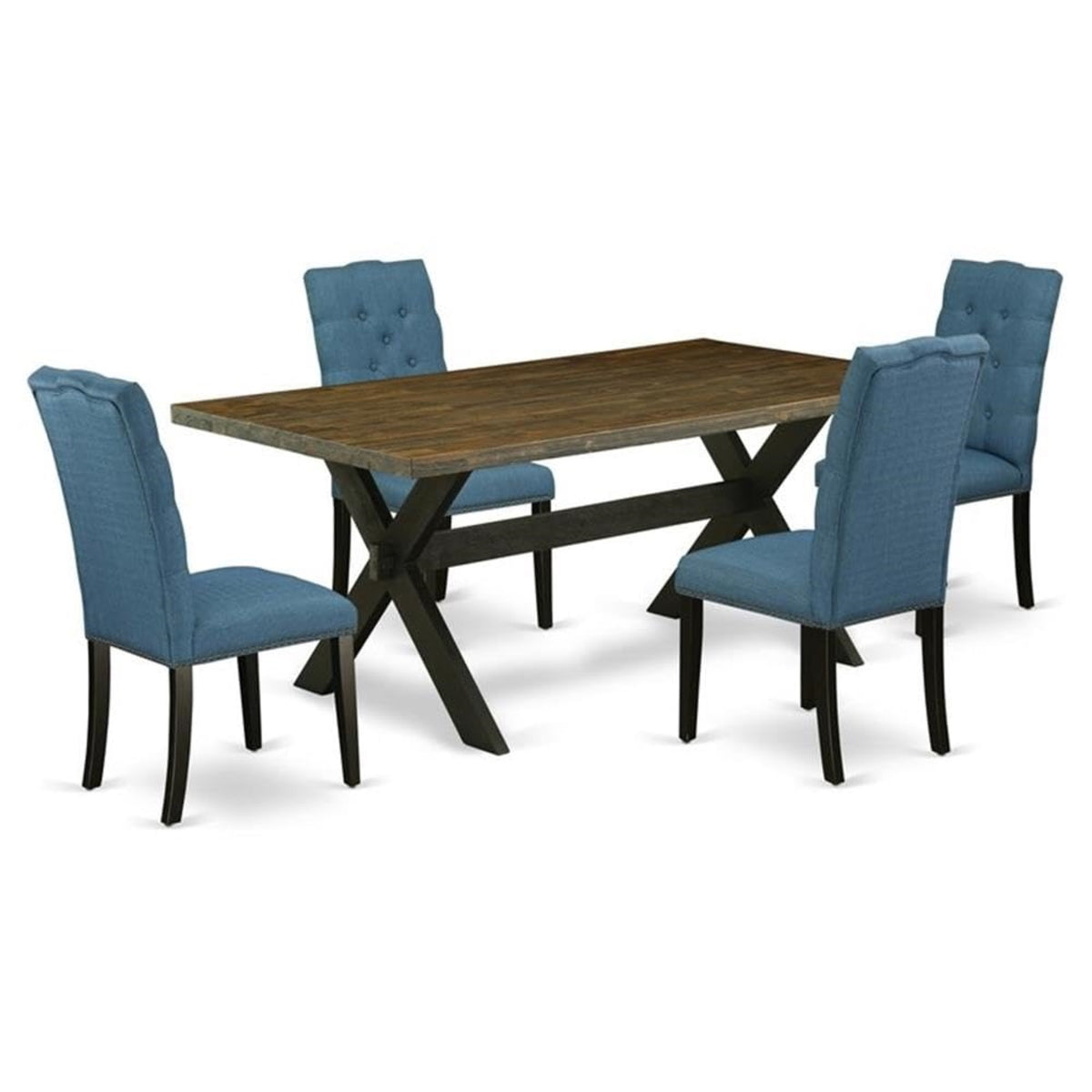 Casafoyer X-Style 5 Piece Modern Dining Set Includes A Rectangle Wooden Table With X-Legs And 4 Blue Linen Fabric Upholstered Chairs, 40X72 Inch, X677El121-5