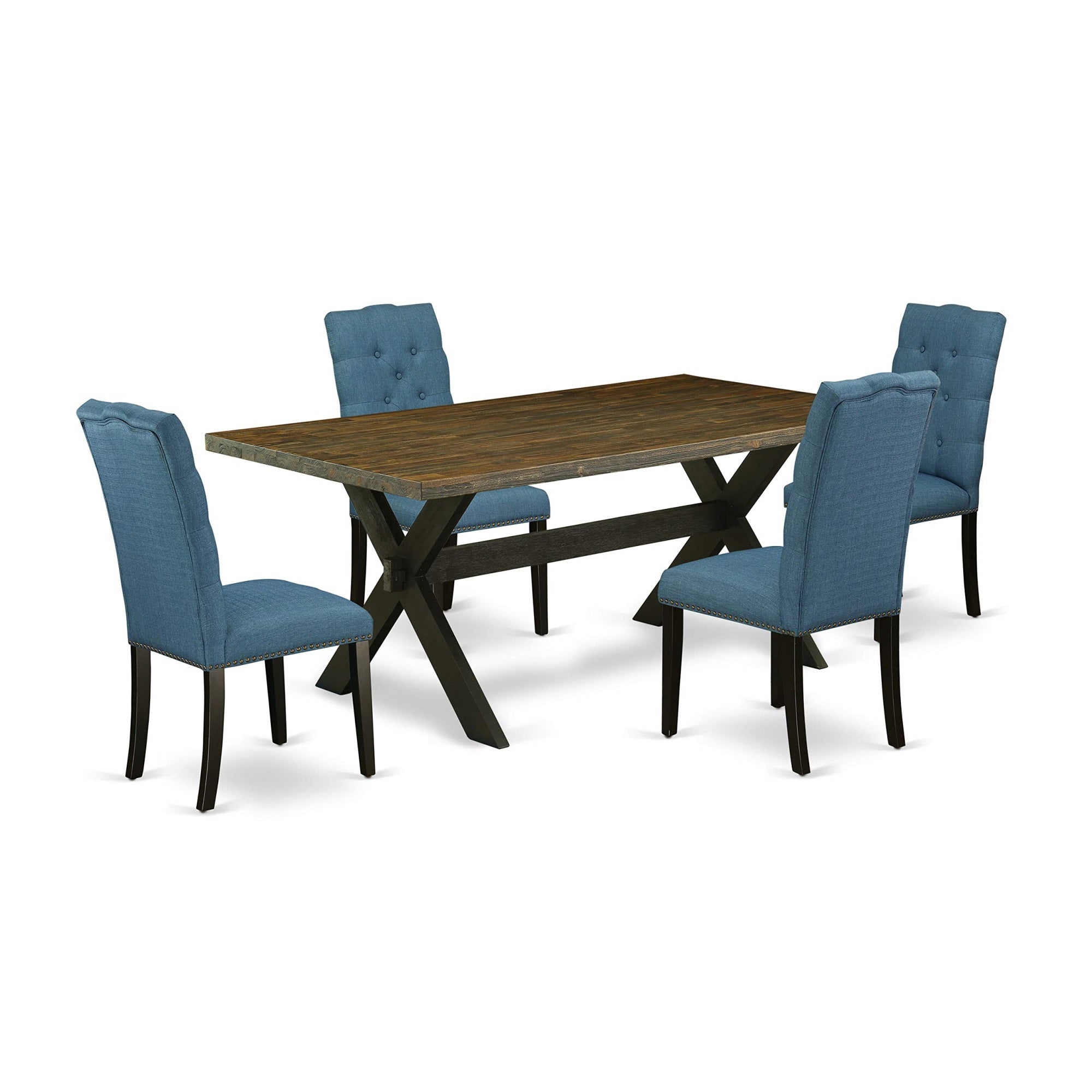 East West Furniture X677El121-5 5 Piece Modern Dining Set Includes A Rectangle Wooden Table With X-Legs And 4 Blue Linen Fabric Upholstered Chairs, 40X72 Inch