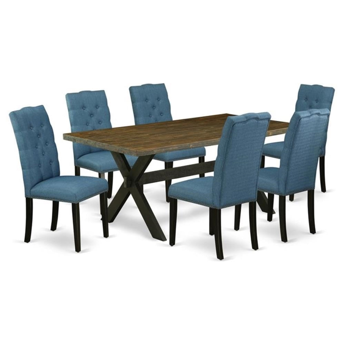 Casafoyer X-Style 7 Piece Set Consist Of A Rectangle Dining Room Table With X-Legs And 6 Blue Linen Fabric Upholstered Parson Chairs, 40X72 Inch, X677El121-7
