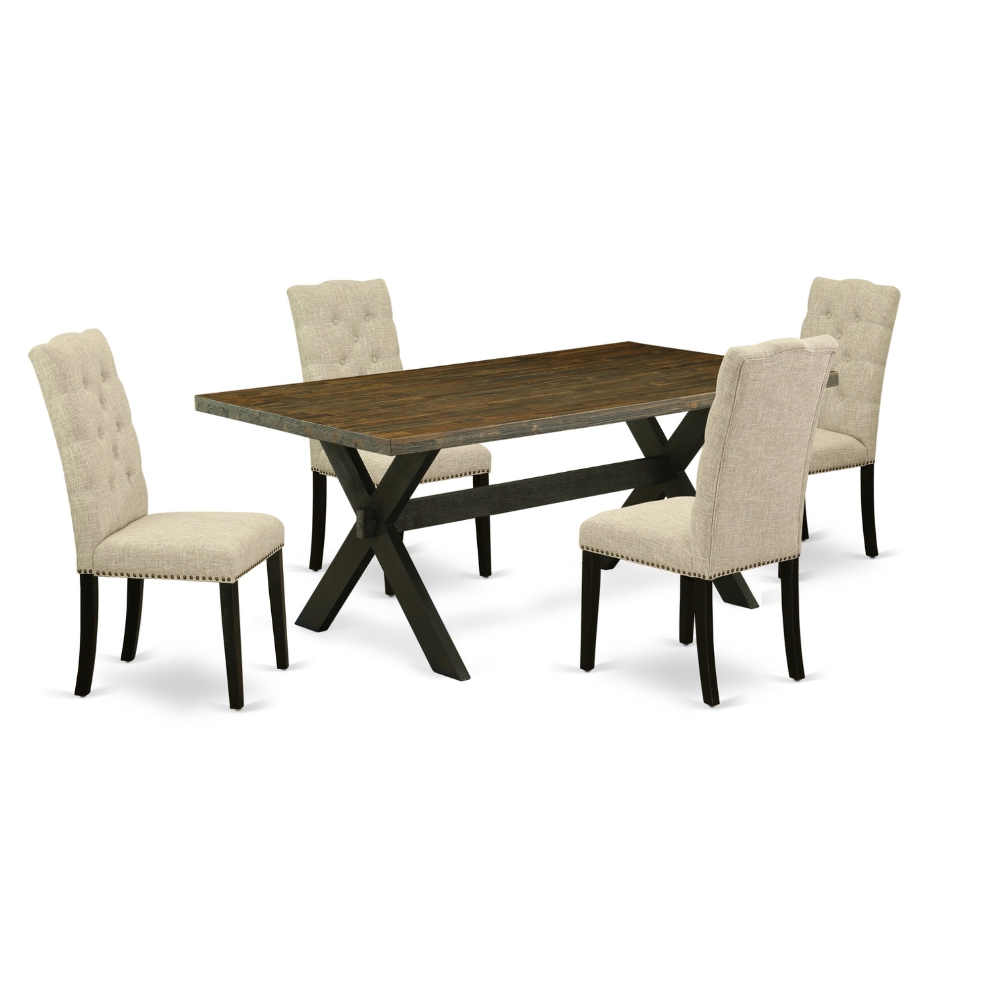East West Furniture 5-Pc Mid Century Dining Table Set Included 4 Parson Dining Room Chairs Upholstered Seat And High Button Tufted Chair Back And Rectangular Table With Distressed Jacobean Dining Table Top - Black Finish