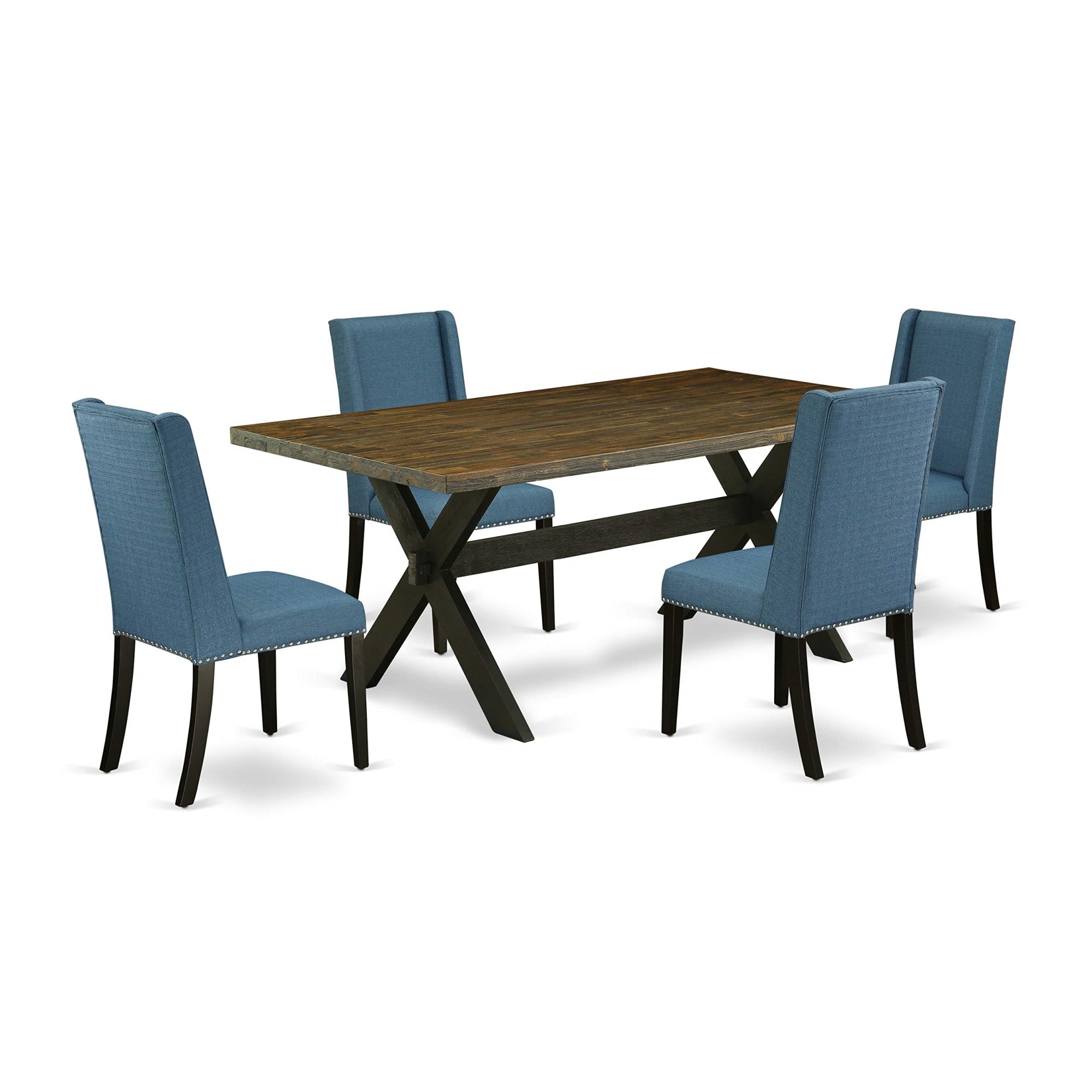Ergode X677Fl121-5, 5-Piece Dining Room Table Set, Black Finish, 4 Blue Linen Chairs, High-Quality Asian Wood, Easy Assembly, 72'X40' Table, Elegant Design