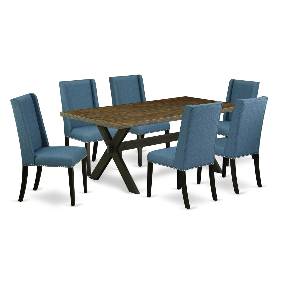 Casafoyer X677Fl121-7 7 Piece Kitchen Table Set Consist Of A Rectangle Dining Table With X-Legs And 6 Blue Linen Fabric Parsons Dining Chairs, 40X72 Inch, Multi-Color