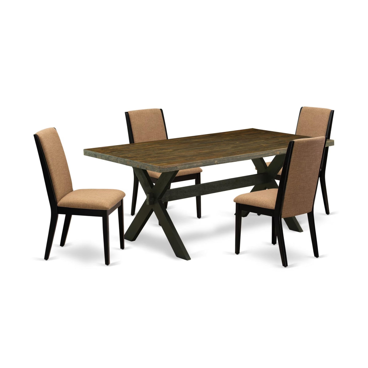 Casafoyer X677La147-5 5 Piece Modern Dining Table Set Includes A Rectangle Wooden Table With X-Legs And 4 Light Sable Linen Fabric Parson Dining Chairs, 40X72 Inch, Multi-Color