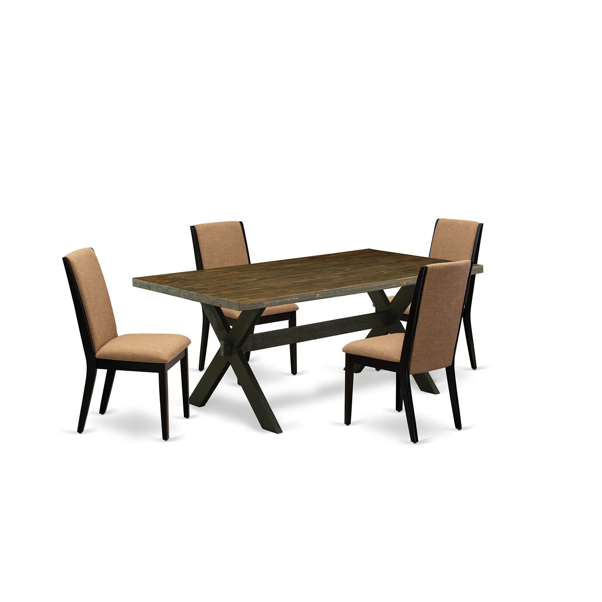 Ergode X677La147-5, 5-Piece Dining Set, Wood Table, Wire Brushed Black Finish, 4 Light Sable Linen Chairs, Easy Assembly, 72X42 Inch