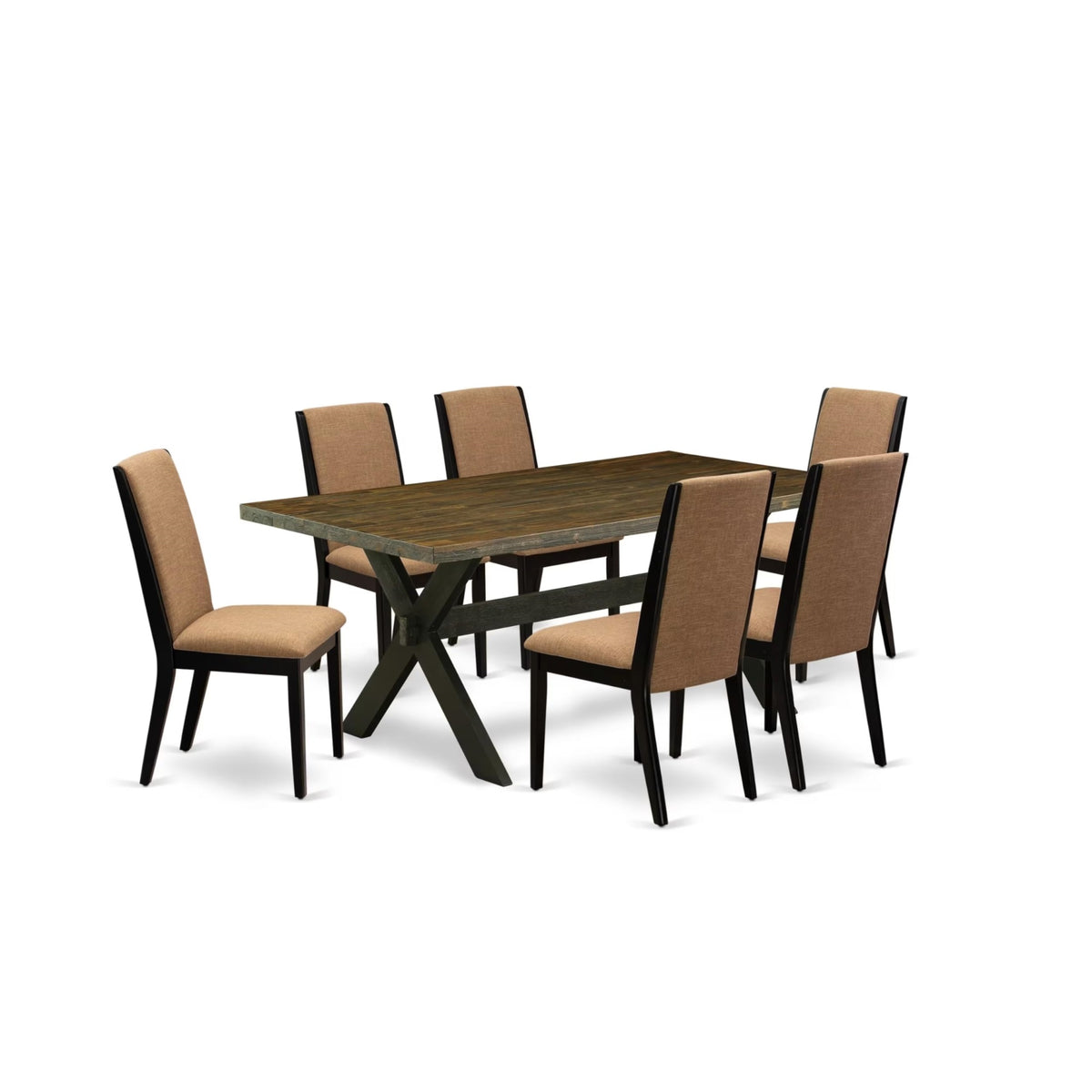 Casafoyer X677La147-7 7 Piece Dining Table Set Consist Of A Rectangle Kitchen Table With X-Legs And 6 Light Sable Linen Fabric Upholstered Chairs, 40X72 Inch, Multi-Color
