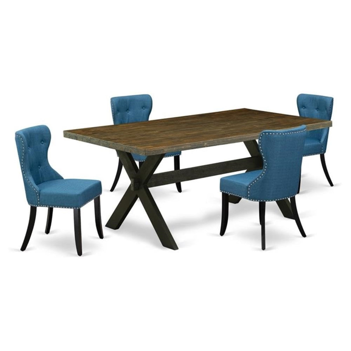 Casafoyer X677Si121-5 5 Piece Set For 4 Includes A Rectangle Kitchen Table With X-Legs And 4 Blue Linen Fabric Parson Dining Chairs, 40X72 Inch