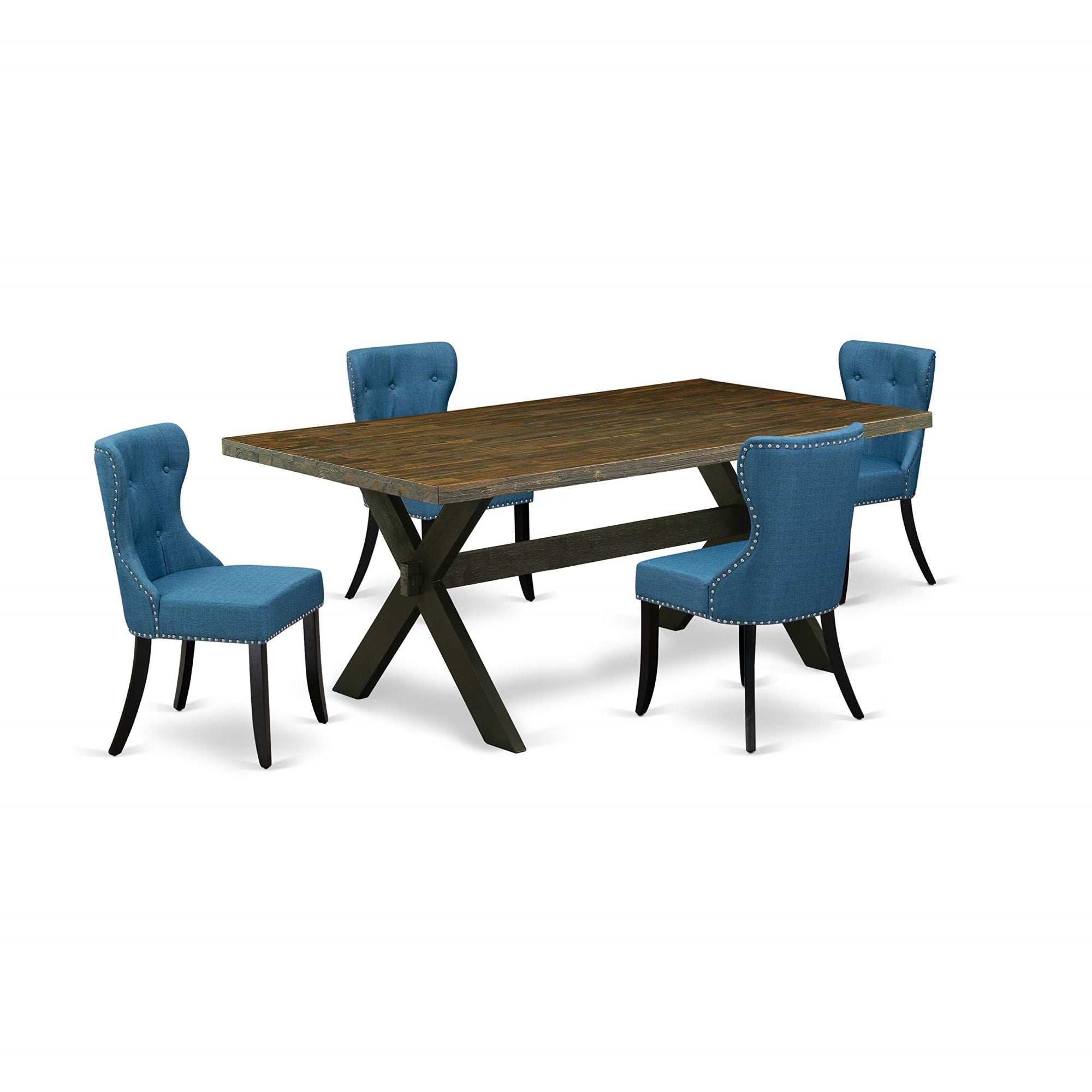 East West Furniture X677Si121-5 5 Piece Set For 4 Includes A Rectangle Kitchen Table With X-Legs And 4 Blue Linen Fabric Parson Dining Chairs, 40X72 Inch, Multi-Color