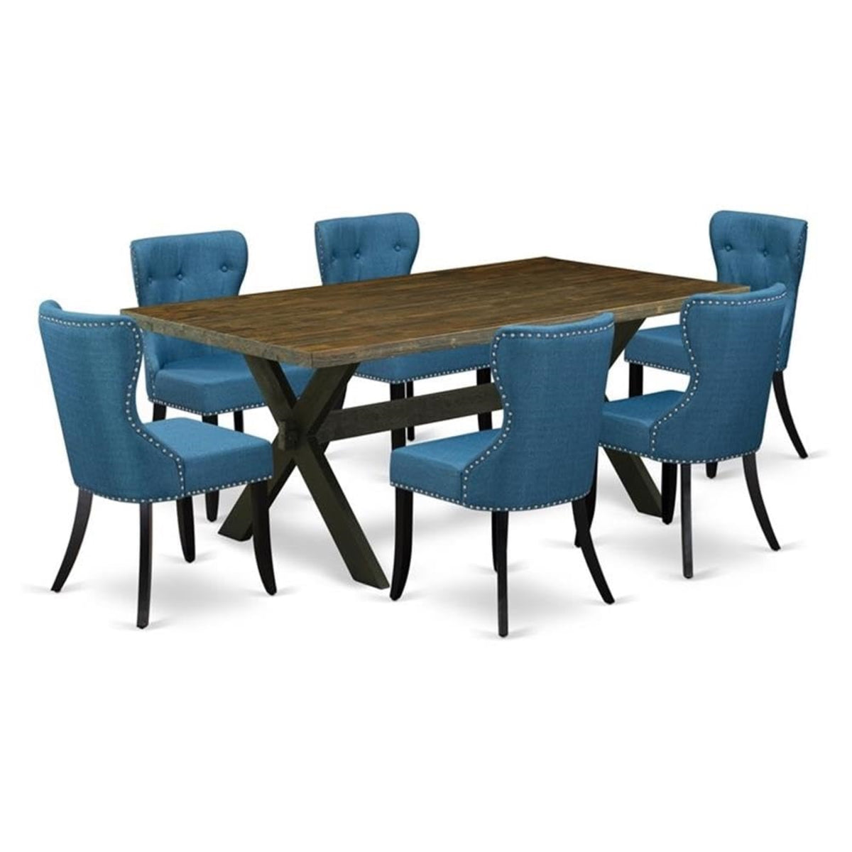 Casafoyer X-Style 7 Piece Kitchen Set Consist Of A Rectangle Table With X-Legs And 6 Blue Linen Fabric Parson Dining Room Chairs, 40X72 Inch, X677Si121-7